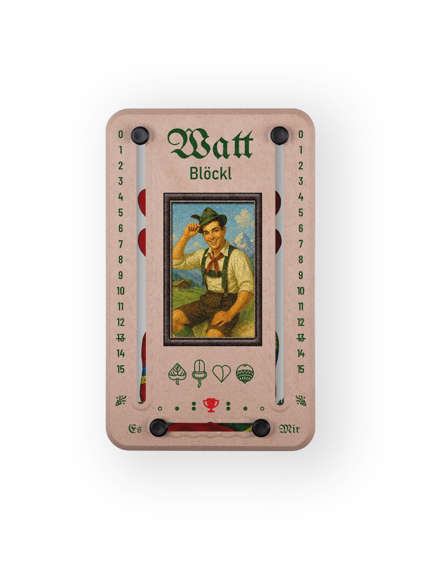 Wattblöckl bis 15 Punkte in Holzoptik und schwarzen Pins - mit Alpenbua Motiv auf transparenten Hintergrund.