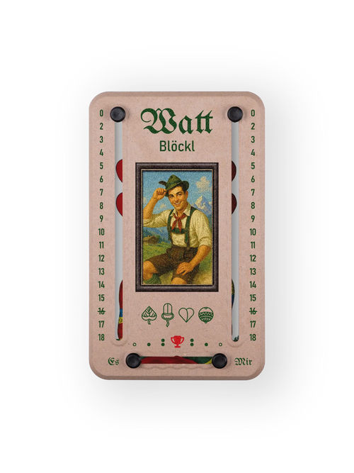 Wattblöckl bis 18 Punkte in Holzoptik und schwarzen Pins - mit Alpenbua Motiv auf transparenten Hintergrund.