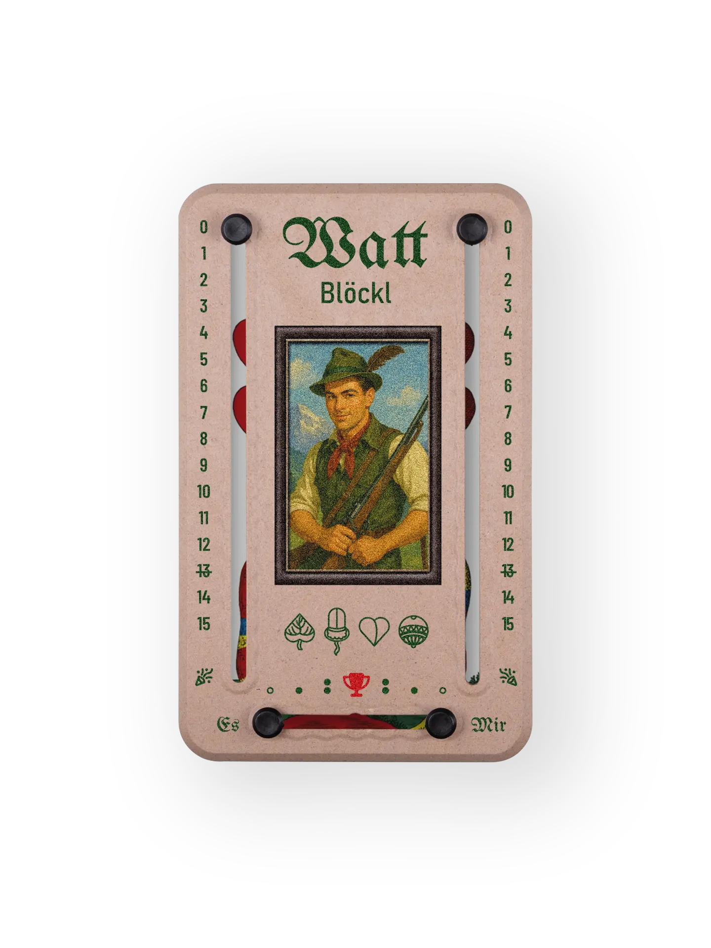 Wattblöckl bis 15 Punkte in Holzoptik und schwarzen Pins - mit Alpenjaeger Motiv auf transparenten Hintergrund.