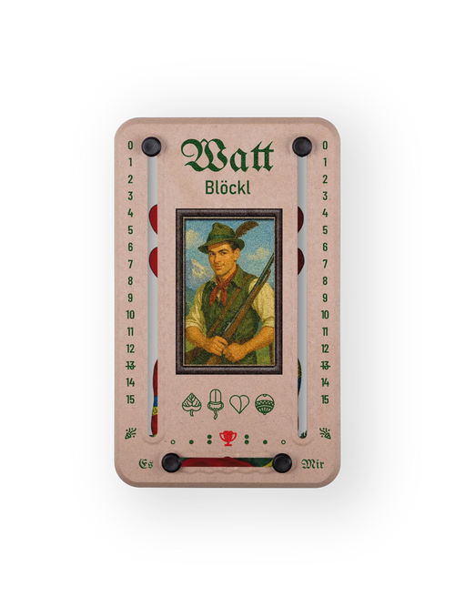 Wattblöckl bis 15 Punkte in Holzoptik und schwarzen Pins - mit Alpenjaeger Motiv auf transparenten Hintergrund.