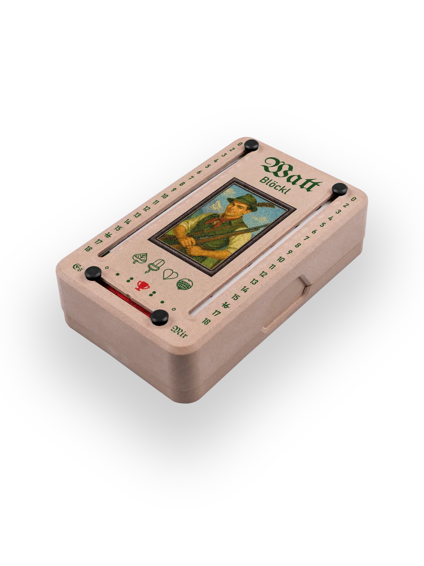 Wattblöckl (perspektivisch fotografiert) in Holzoptik mit Motiv Alpenjaeger.