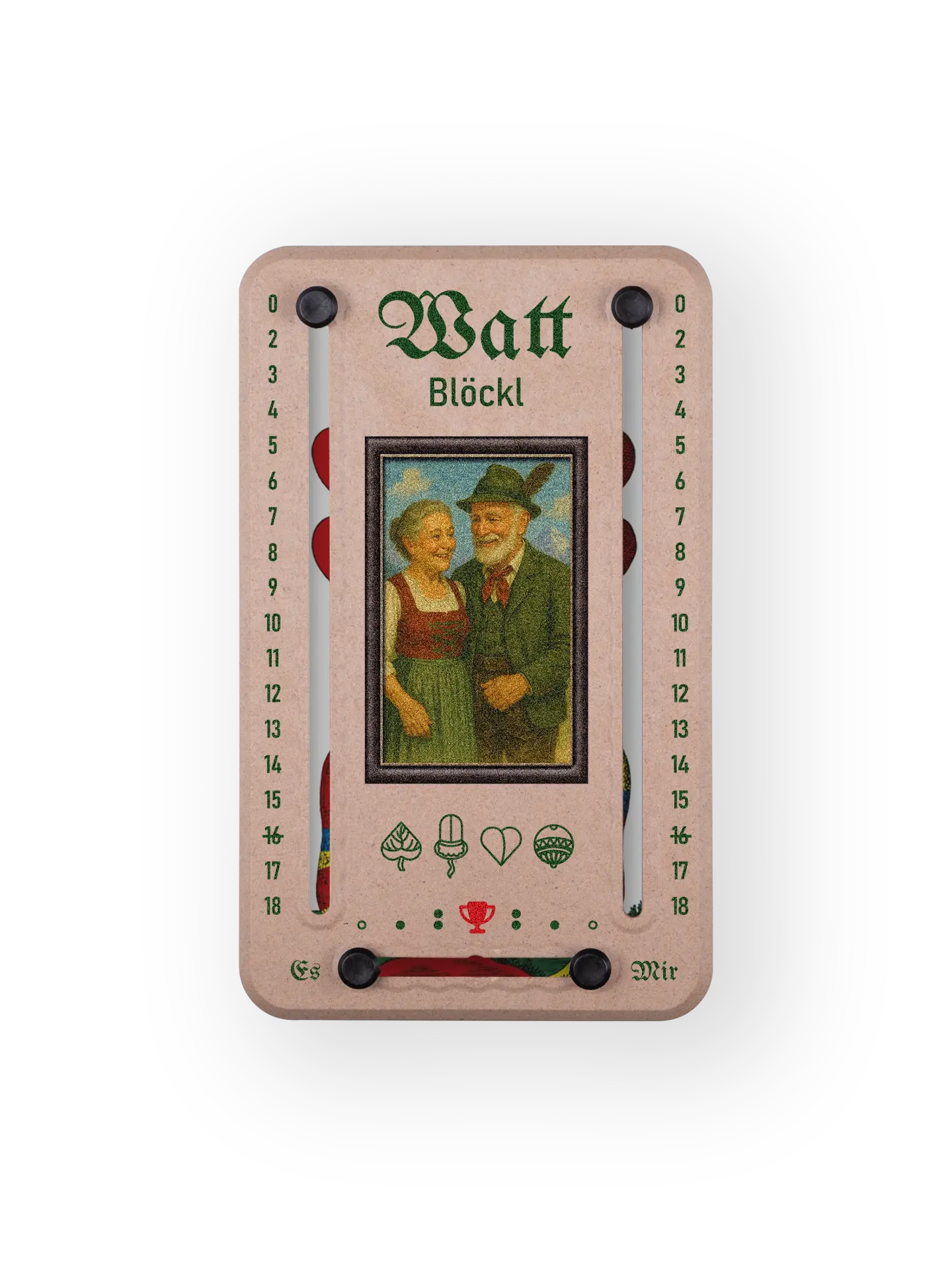 Wattblöckl bis 18 Punkte in Holzoptik und schwarzen Pins - mit Alpenliebe Motiv auf transparenten Hintergrund.