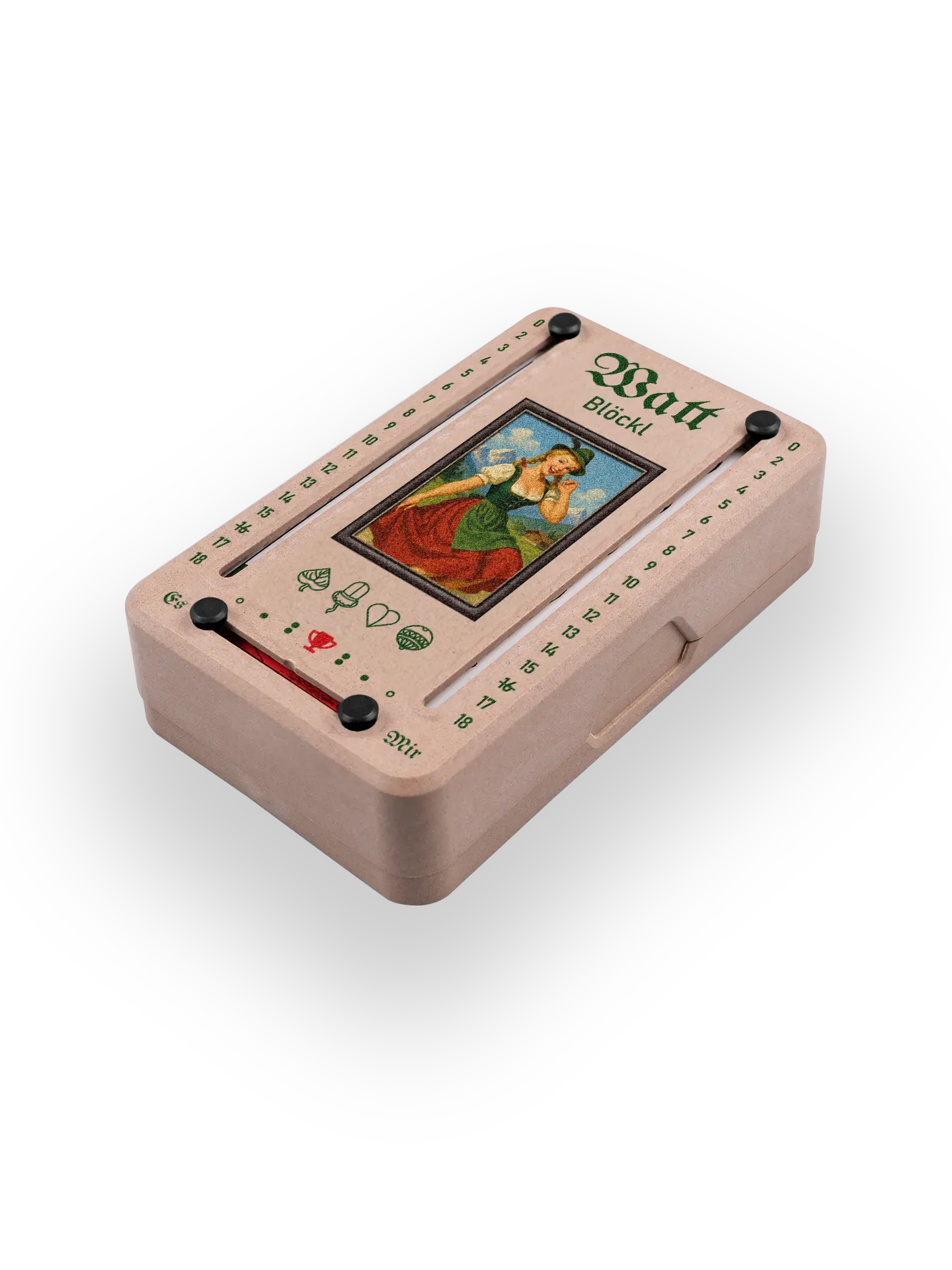 Wattblöckl (perspektivisch fotografiert) in Holzoptik mit Motiv Alpenmadl.