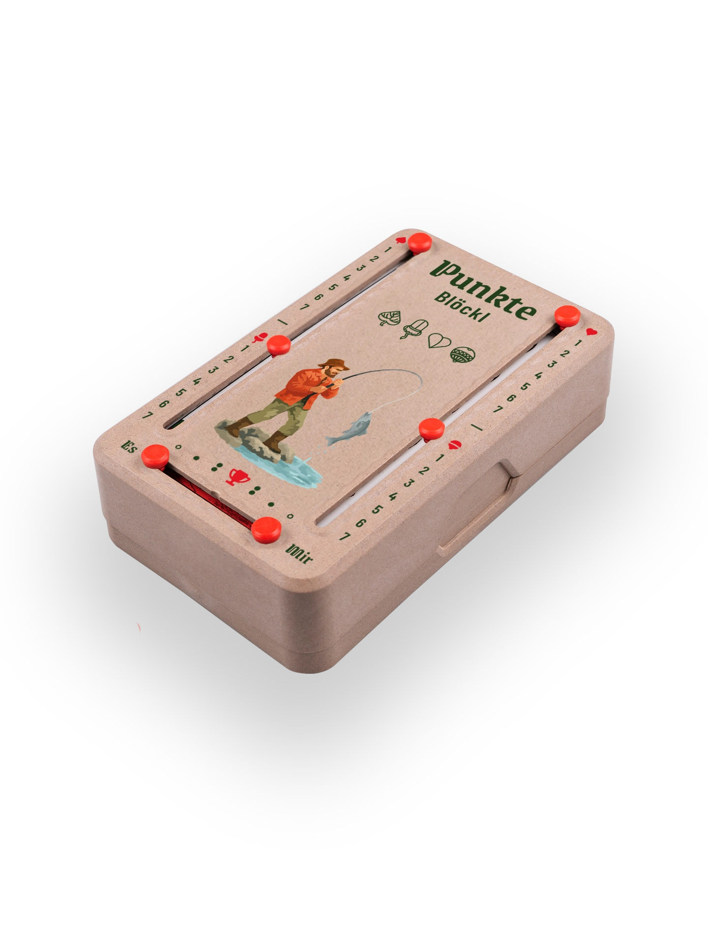 Punkteblöckl (perspektivisch fotografiert) in Holzoptik mit Motiv Angeln.