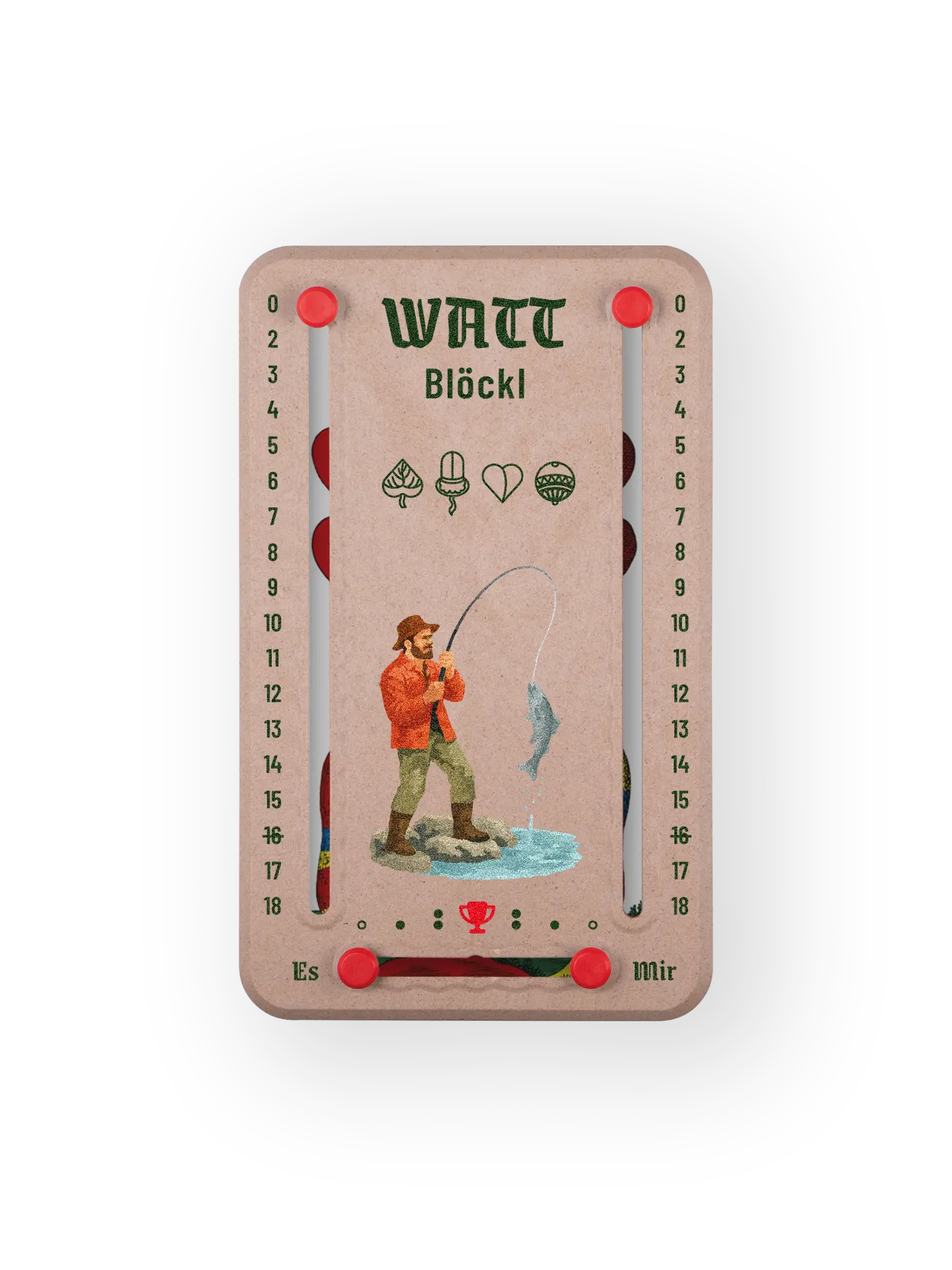 Wattblöckl bis 18 Punkte in Holzoptik und roten Pins - mit Angler Motiv auf transparenten Hintergrund.