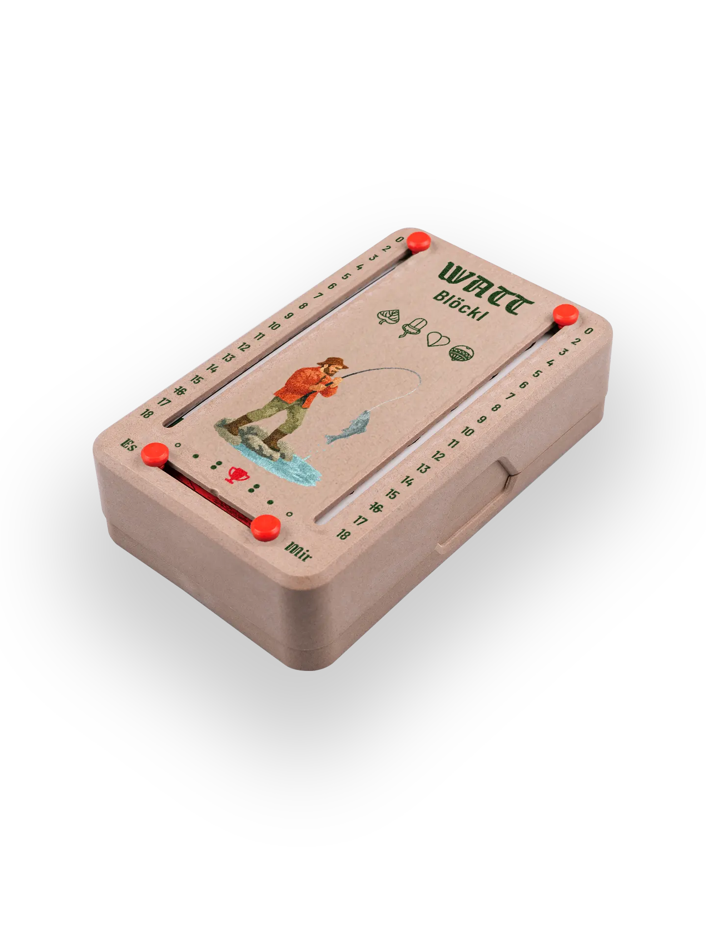 Wattblöckl (perspektivisch fotografiert) in Holzoptik mit Motiv Angler.