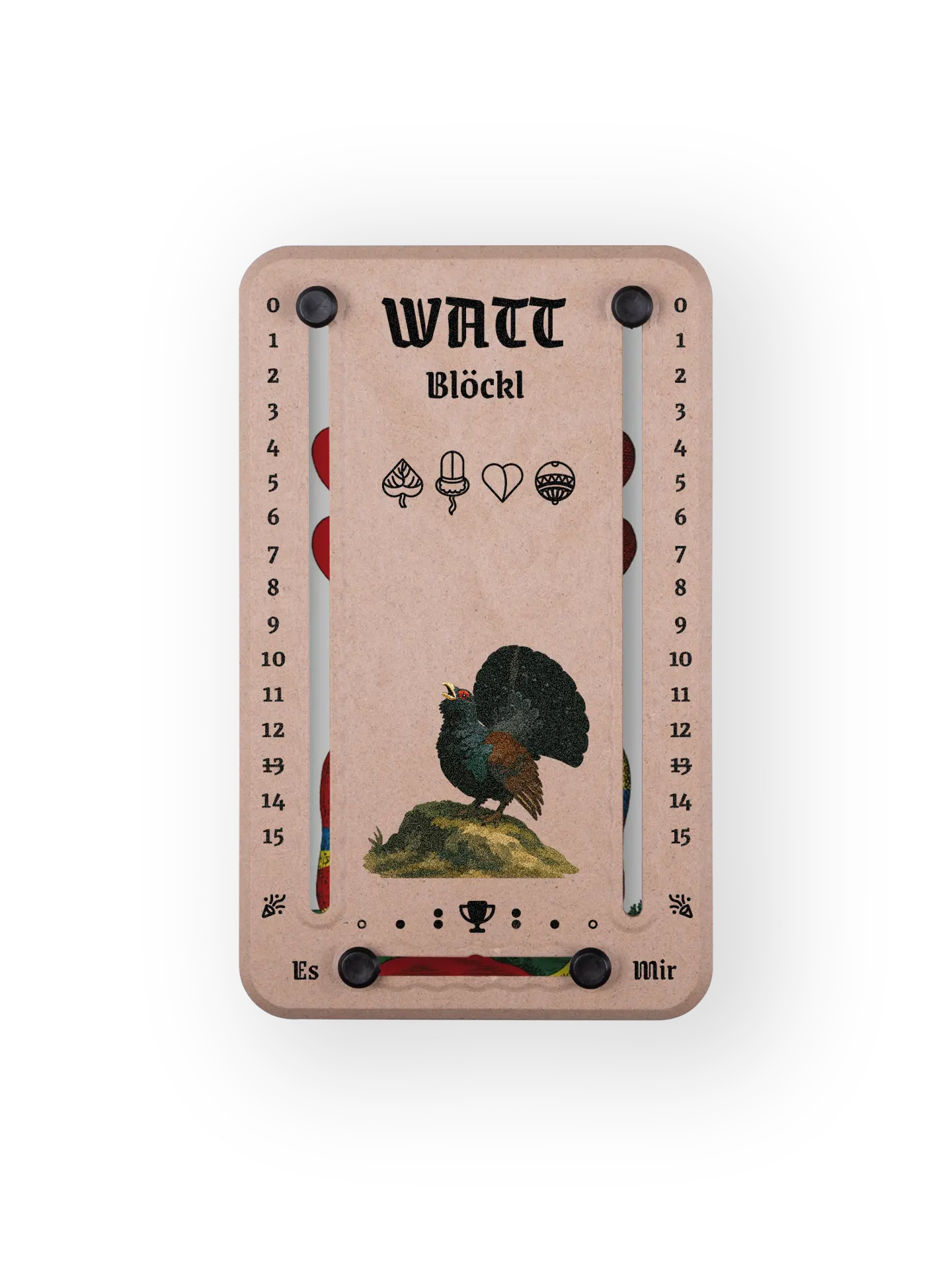 Wattblöckl bis 15 Punkte in Holzoptik und schwarzen Pins - mit Auerhuhn Motiv auf transparenten Hintergrund.