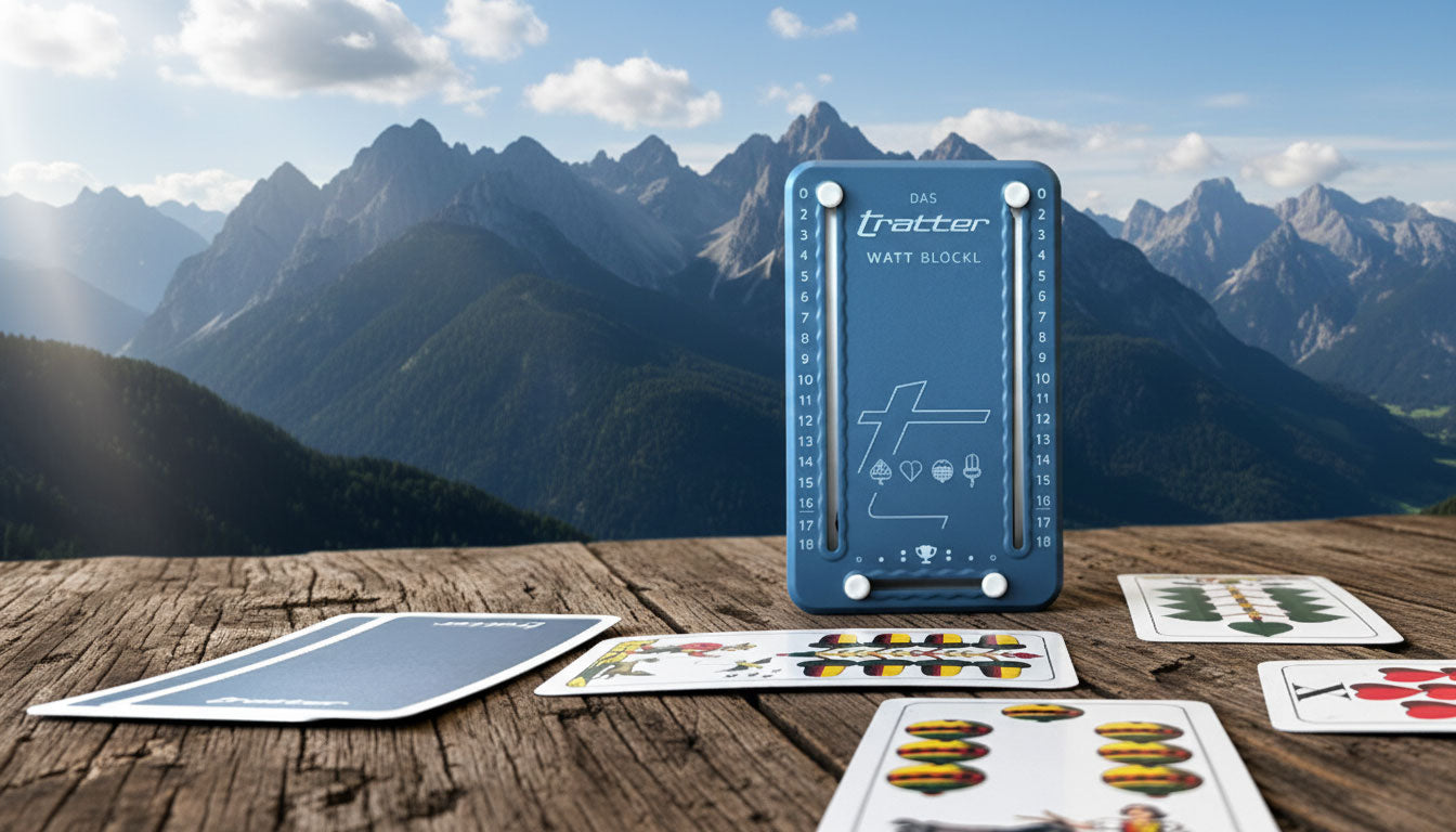 Wattblöckl auf einem Holztisch mit einigen verstreuten Karten vor dem Hintergrund von Bergen.