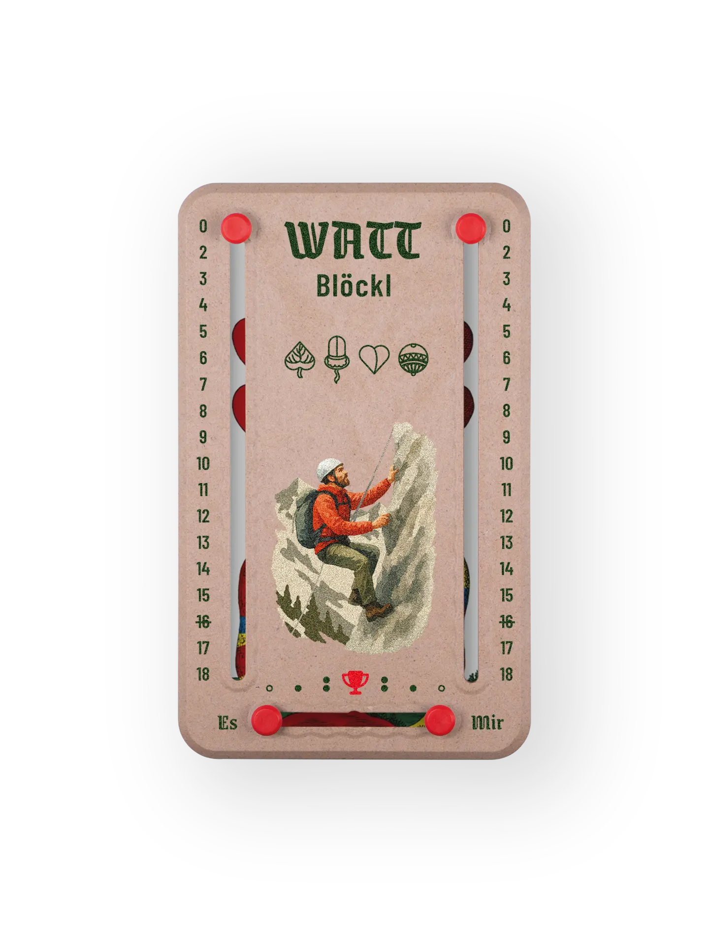 Wattblöckl bis 18 Punkte in Holzoptik und roten Pins - mit Bergsteiger Motiv auf transparenten Hintergrund.
