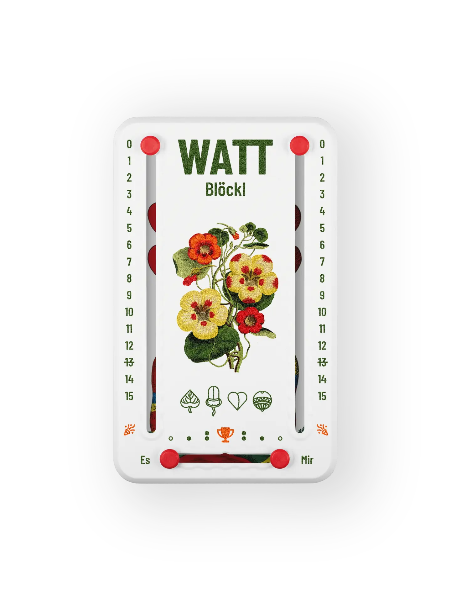 Wattblöckl bis 15 Punkte in Kunststoff weiß  und roten Pins - mit Bluetenblatt Motiv auf transparenten Hintergrund.