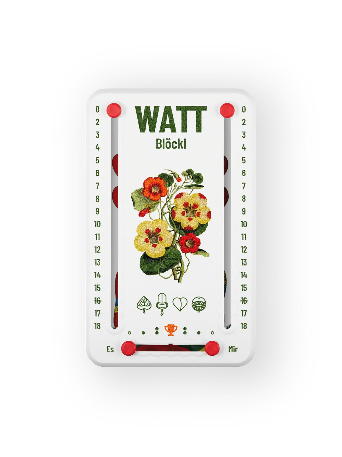 Wattblöckl bis 18 Punkte in Kunststoff weiß  und roten Pins - mit Bluetenblatt Motiv auf transparenten Hintergrund.