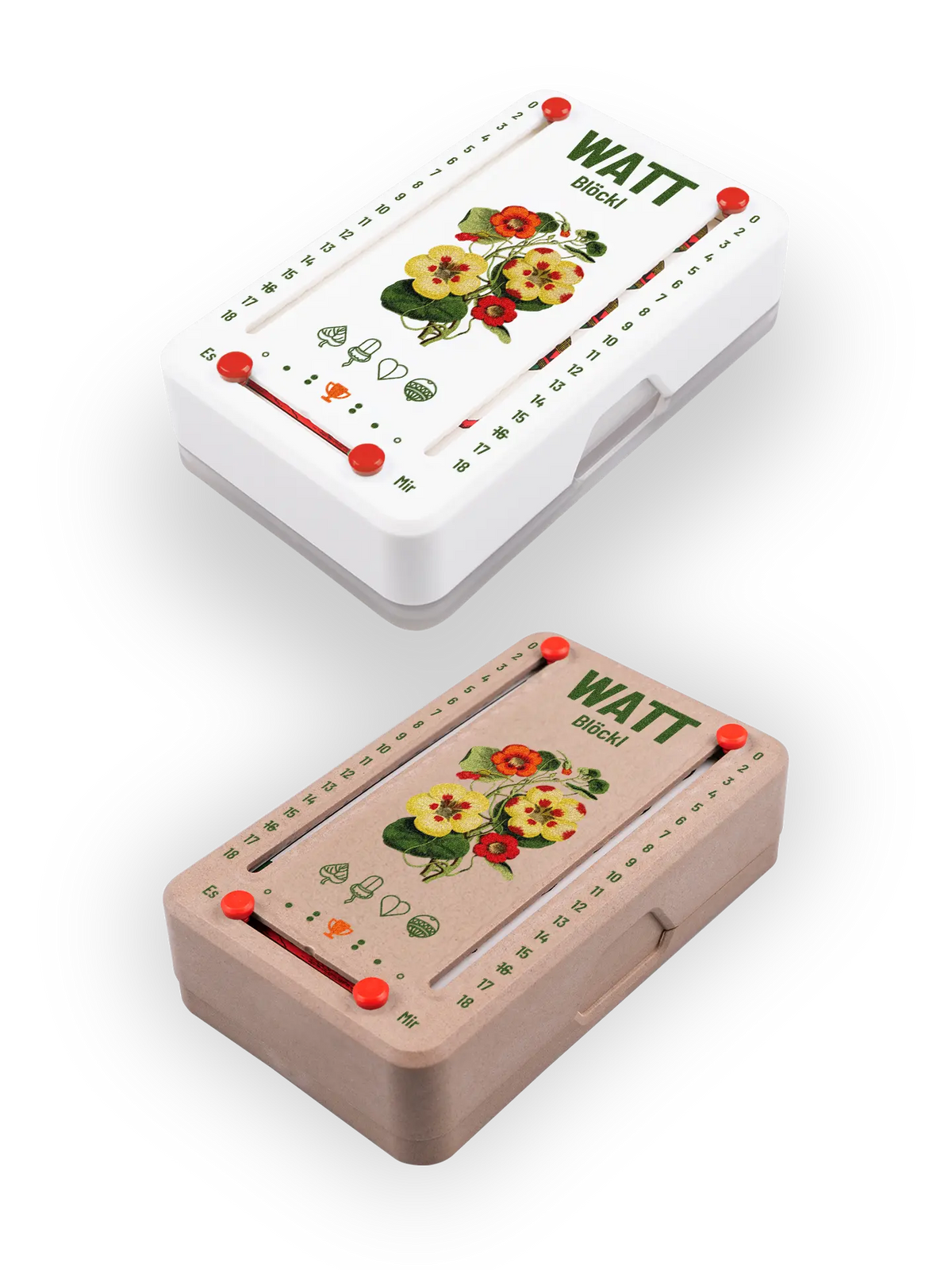 Zwei Wattblöckl (perspektivisch fotografiert) in Kunststoff weiß und Holzoptik mit Motiv Blütenblatt.