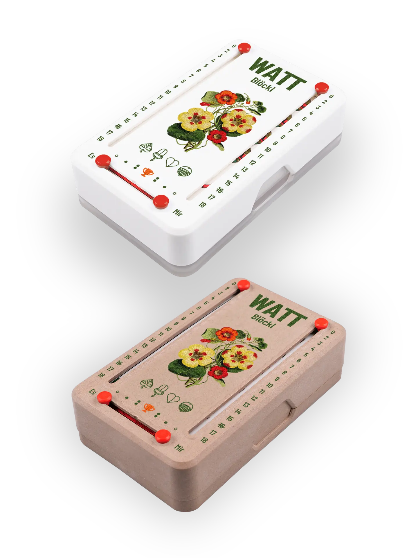 Zwei Wattblöckl (perspektivisch fotografiert) in Kunststoff weiß und Holzoptik mit Motiv Blütenblatt.