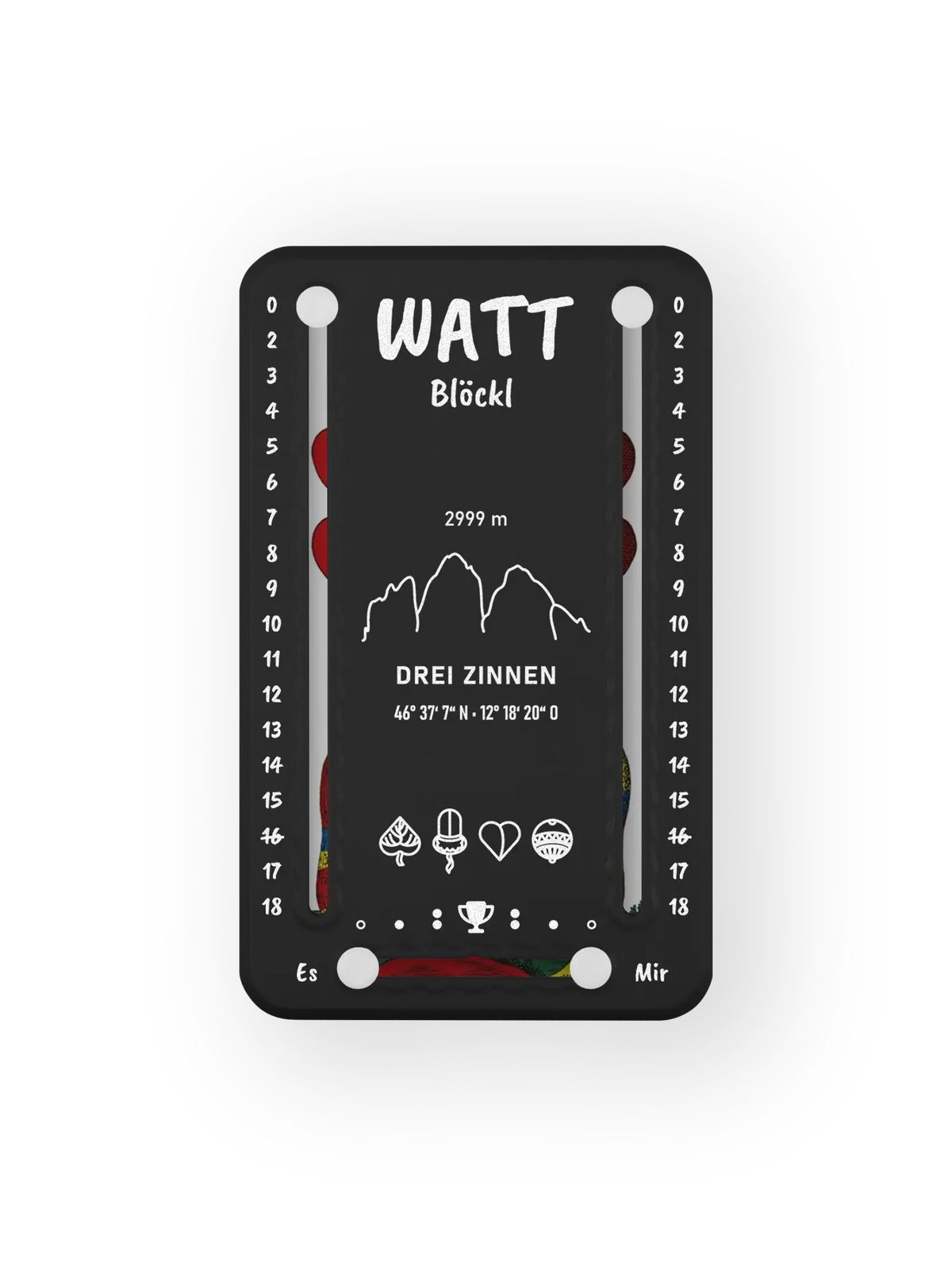 Wattblöckl bis 18 Punkte in Kunststoff schwarz und weissen Pins - mit DreiZinnen Motiv auf transparenten Hintergrund.