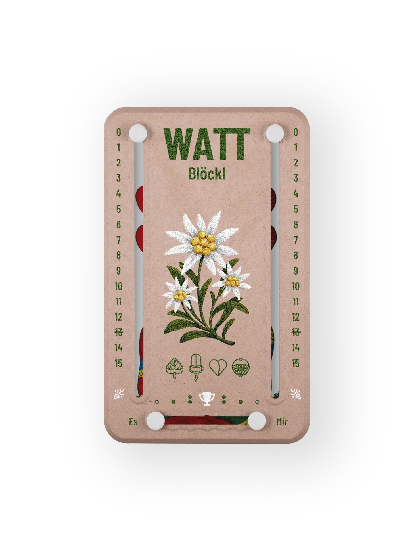 Wattblöckl bis 15 Punkte in Holzoptik und weissen Pins - mit Edelweiss Motiv auf transparenten Hintergrund.