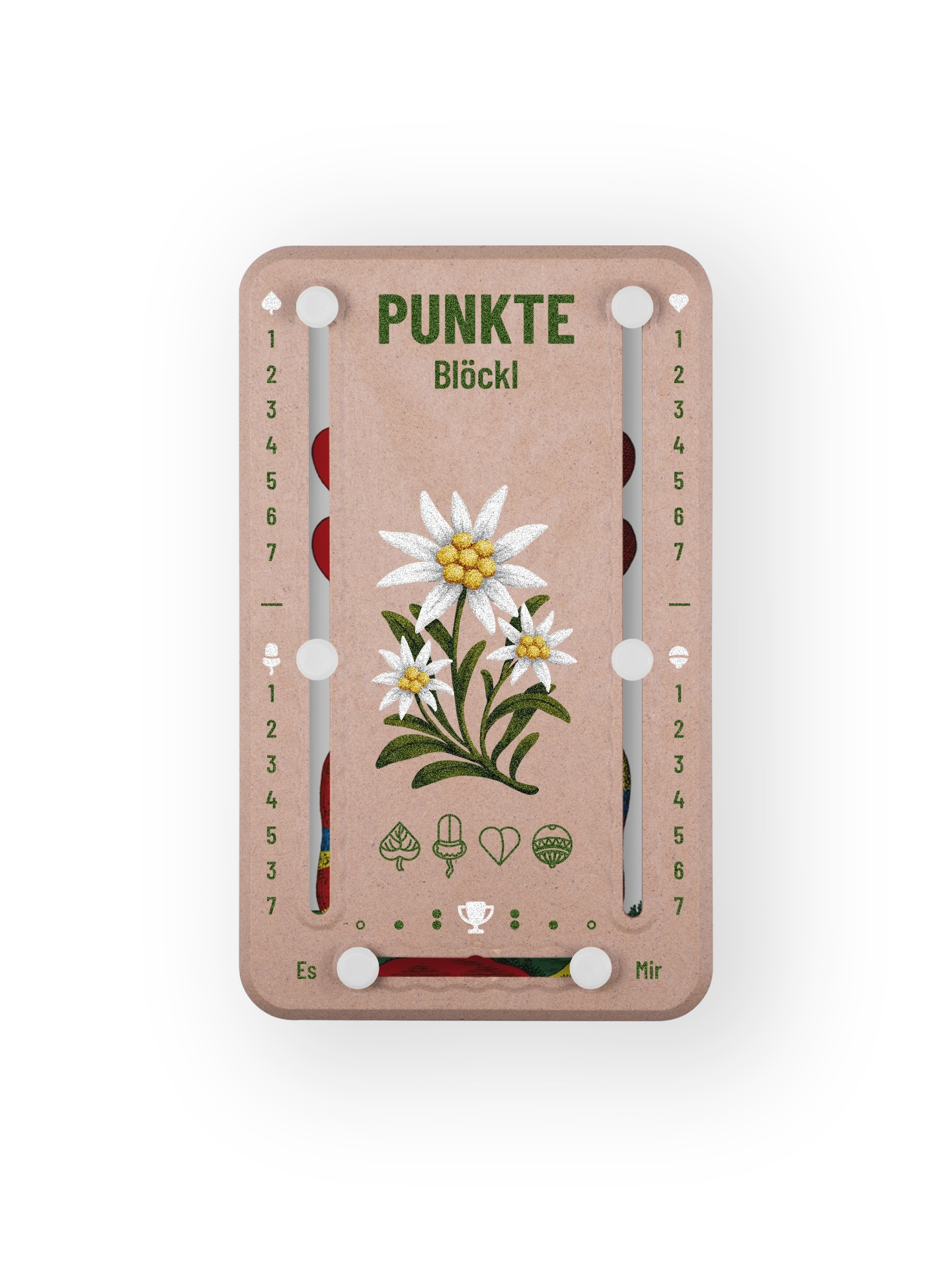 Punkteblöckl bis jeweils 7 Punkte in Holzoptik  und weissen Pins - mit Edelweiss Motiv auf transparenten Hintergrund.