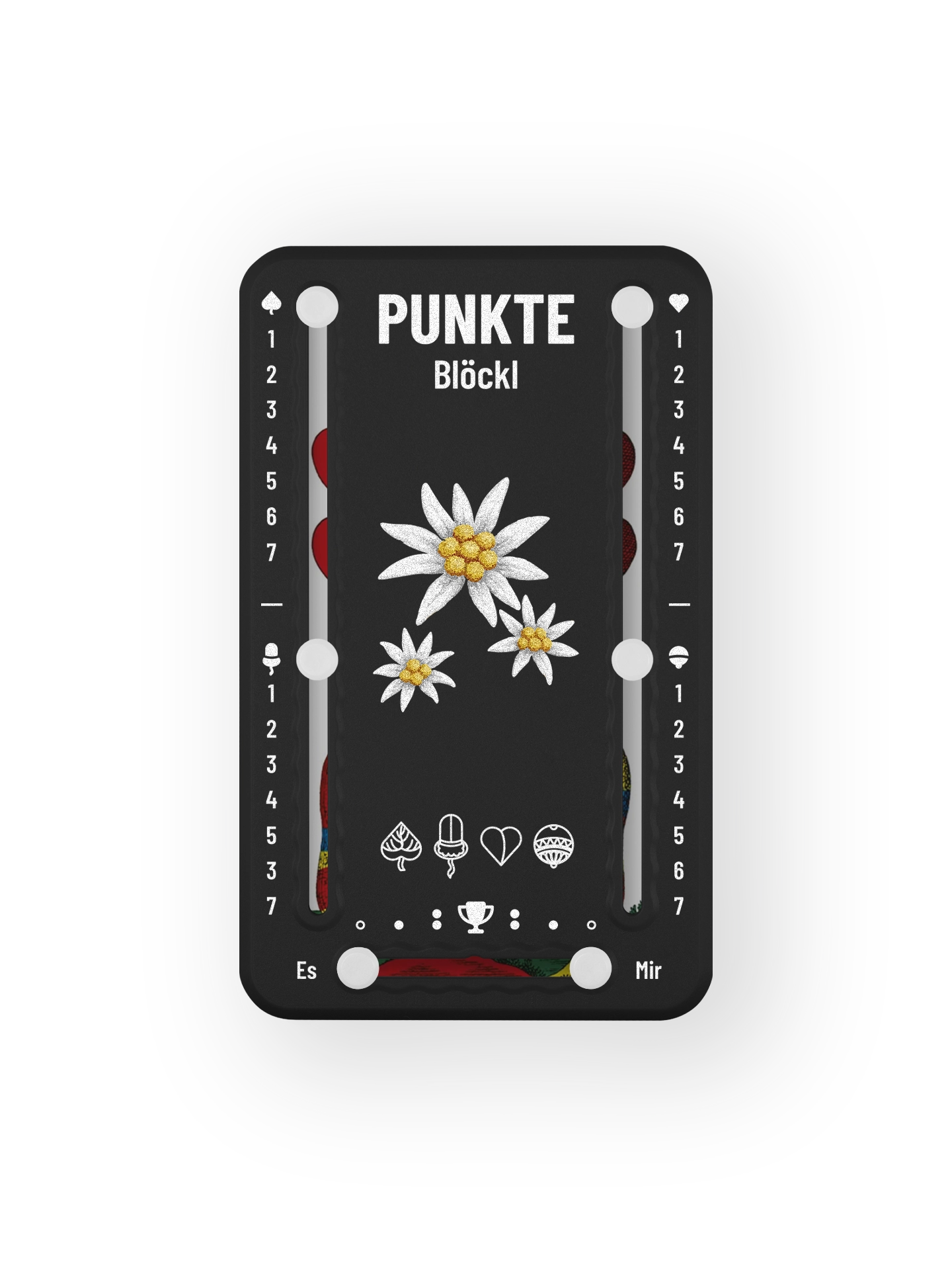 Punkteblöckl bis jeweils 7 Punkte in Kunststoff schwarz und weissen Pins - mit Edelweiss Motiv auf transparenten Hintergrund.