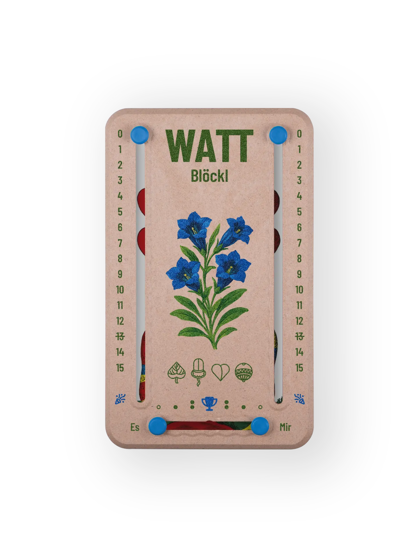 Wattblöckl bis 15 Punkte in Holzoptik und blauen Pins - mit Enzian Motiv auf transparenten Hintergrund.