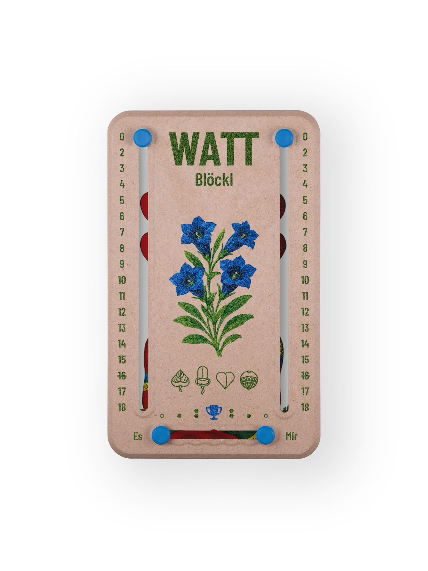 Wattblöckl bis 18 Punkte in Holzoptik und blauen Pins - mit Enzian Motiv auf transparenten Hintergrund.