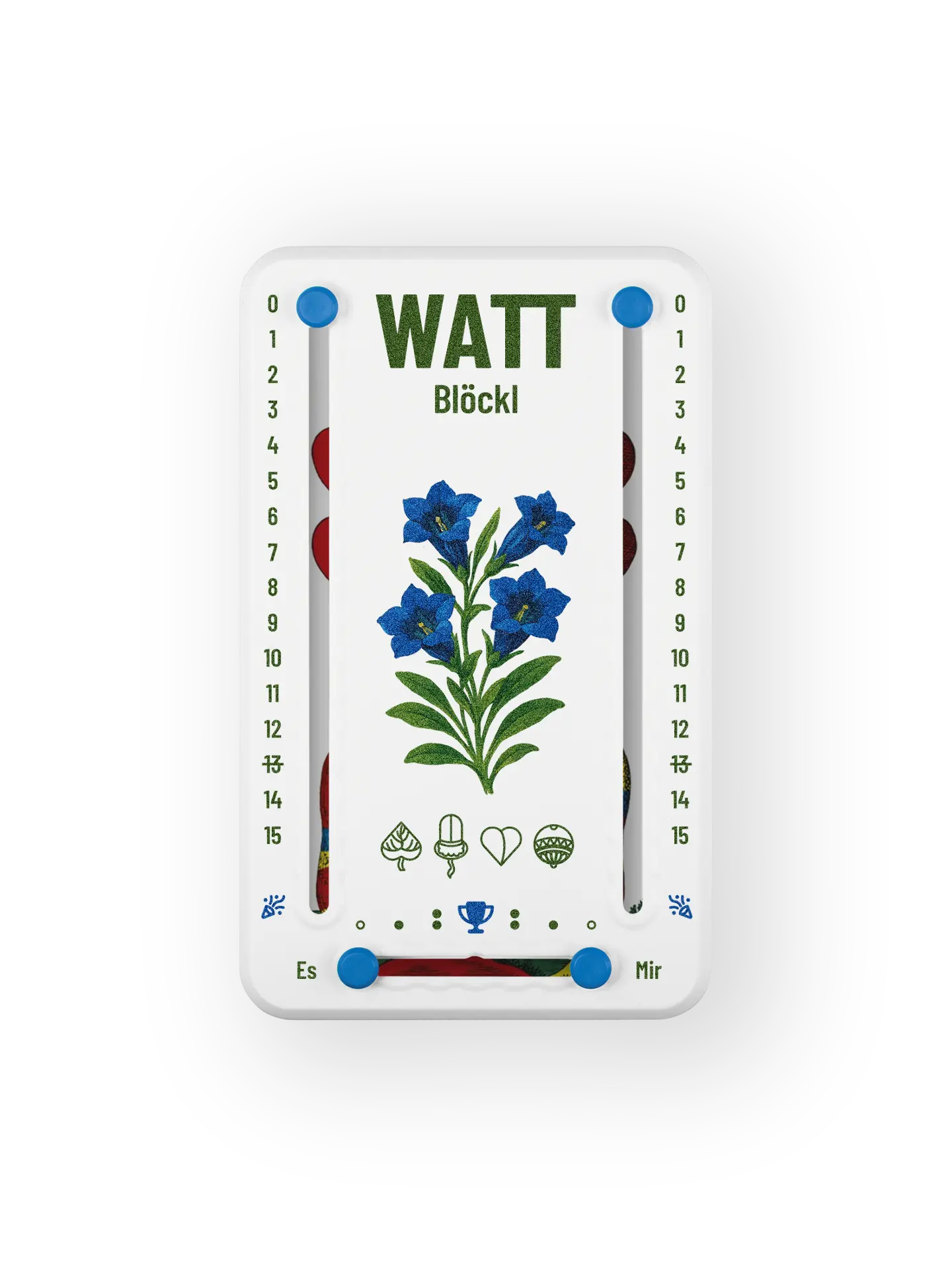 Wattblöckl bis 15 Punkte in Kunststoff weiß  und blauen Pins - mit Enzian Motiv auf transparenten Hintergrund.