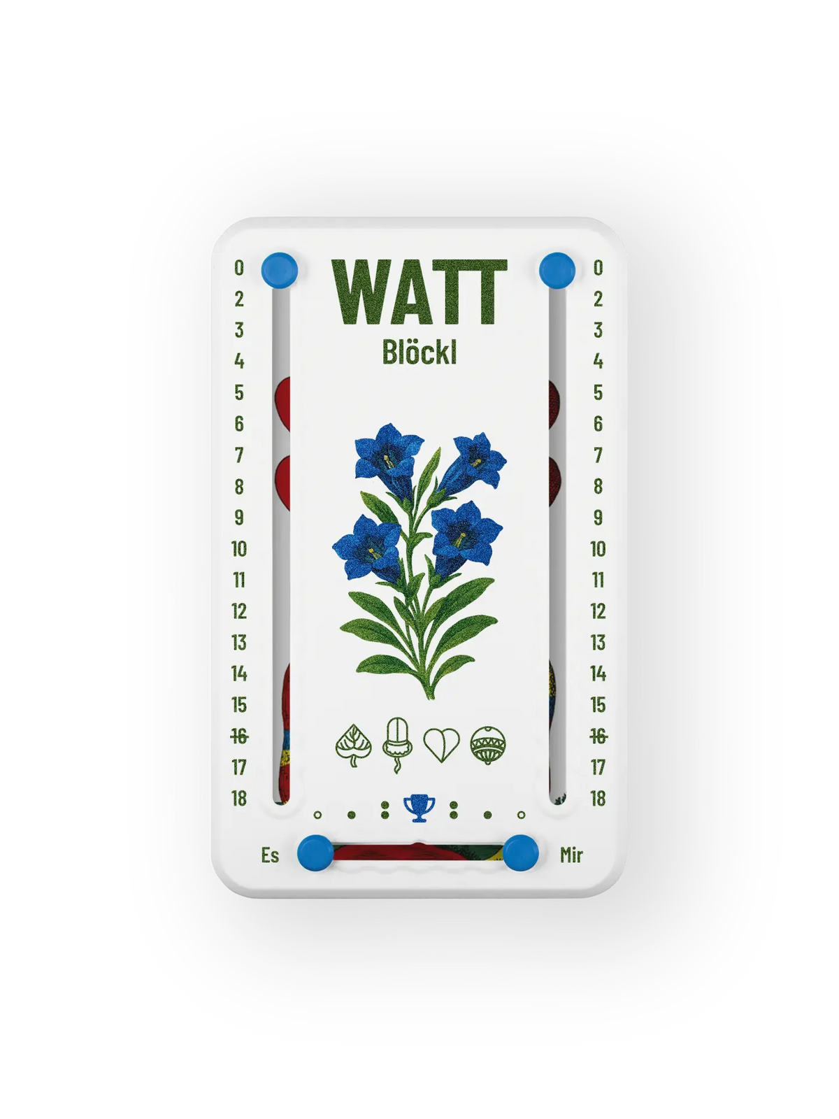 Wattblöckl bis 18 Punkte in Kunststoff weiß  und blauen Pins - mit Enzian Motiv auf transparenten Hintergrund.
