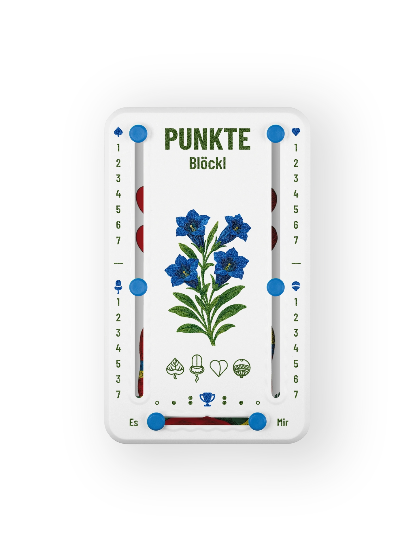 Punkteblöckl bis jeweils 7 Punkte in Kunststoff weiß  und blauen Pins - mit Enzian Motiv auf transparenten Hintergrund.