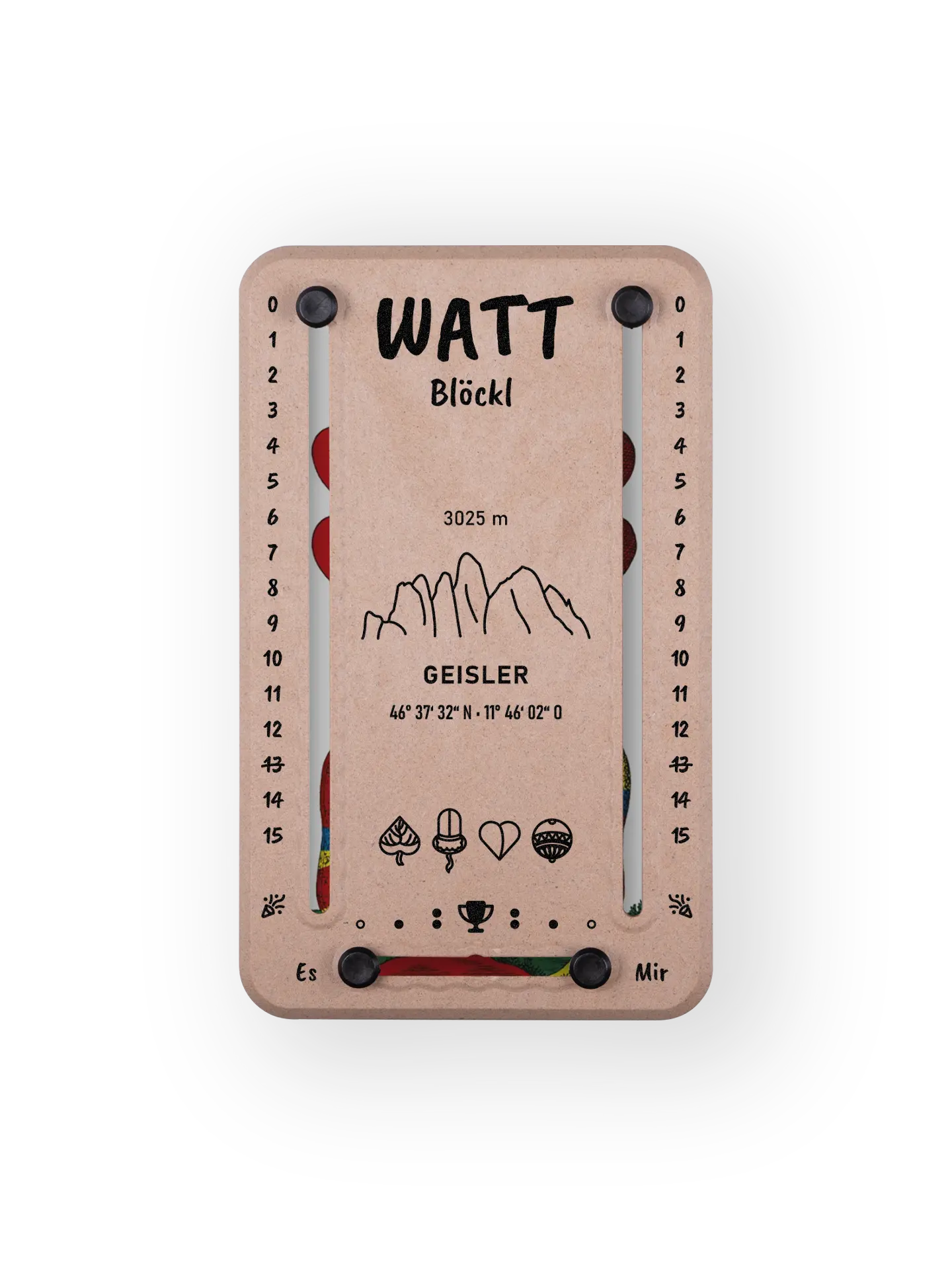 Wattblöckl bis 15 Punkte in Holzoptik und schwarzen Pins - mit Geisler Motiv auf transparenten Hintergrund.