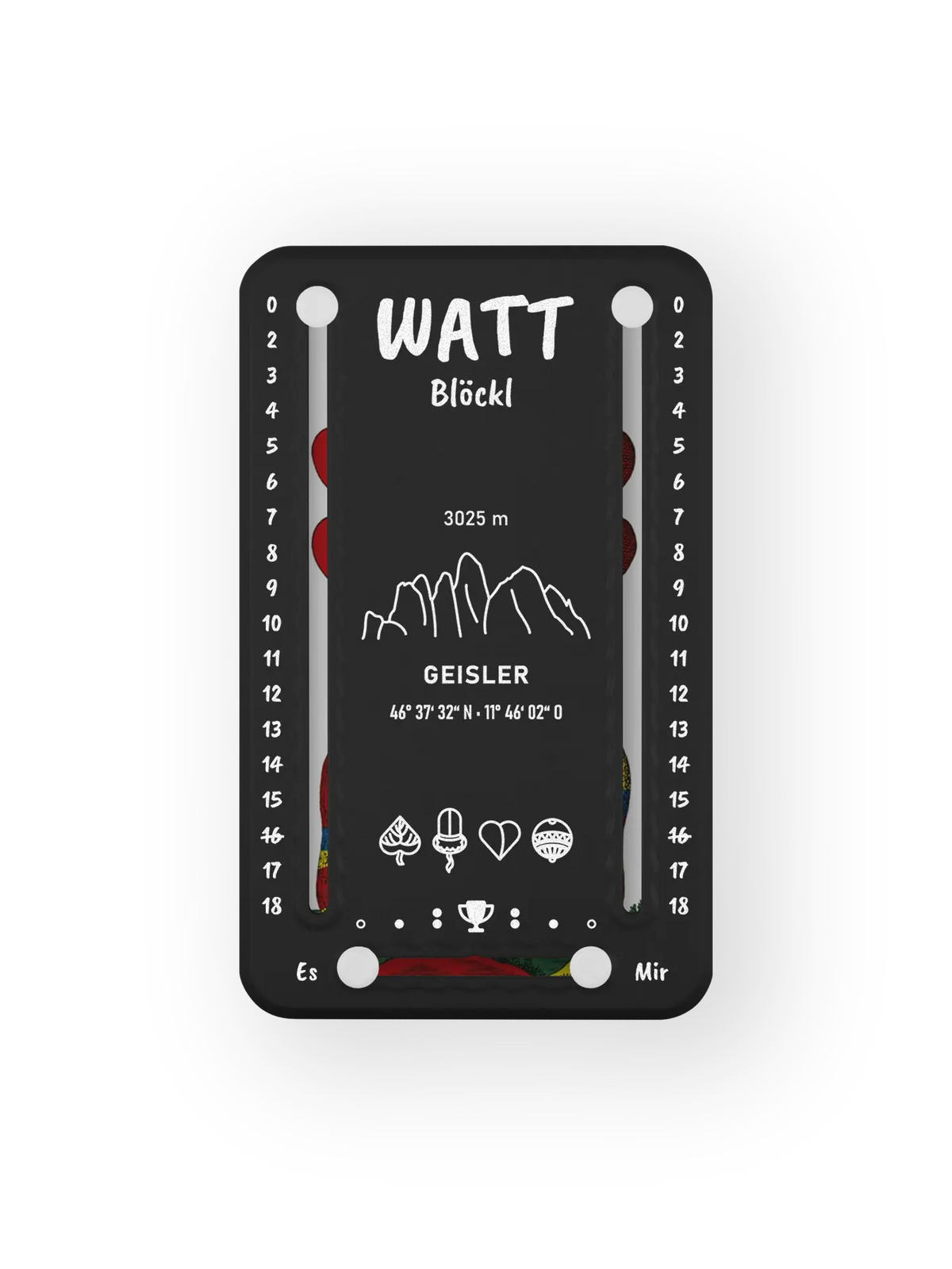 Wattblöckl bis 18 Punkte in Kunststoff schwarz und weissen Pins - mit Geisler Motiv auf transparenten Hintergrund.