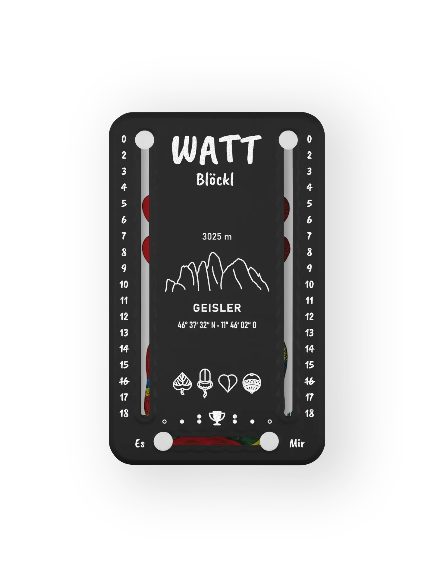 Wattblöckl bis 18 Punkte in Kunststoff schwarz und weissen Pins - mit Geisler Motiv auf transparenten Hintergrund.