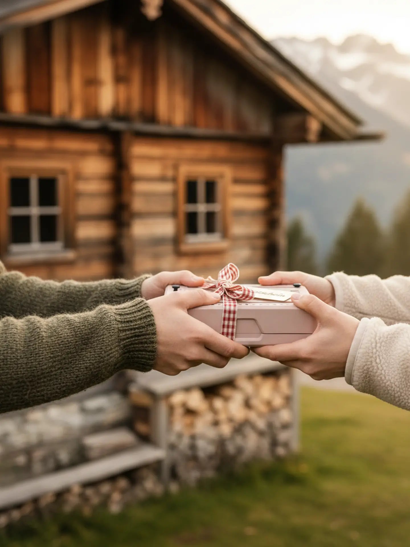 Wattblöckl in Holzoptik mit schliefe wird einer anderen Person übergeben.