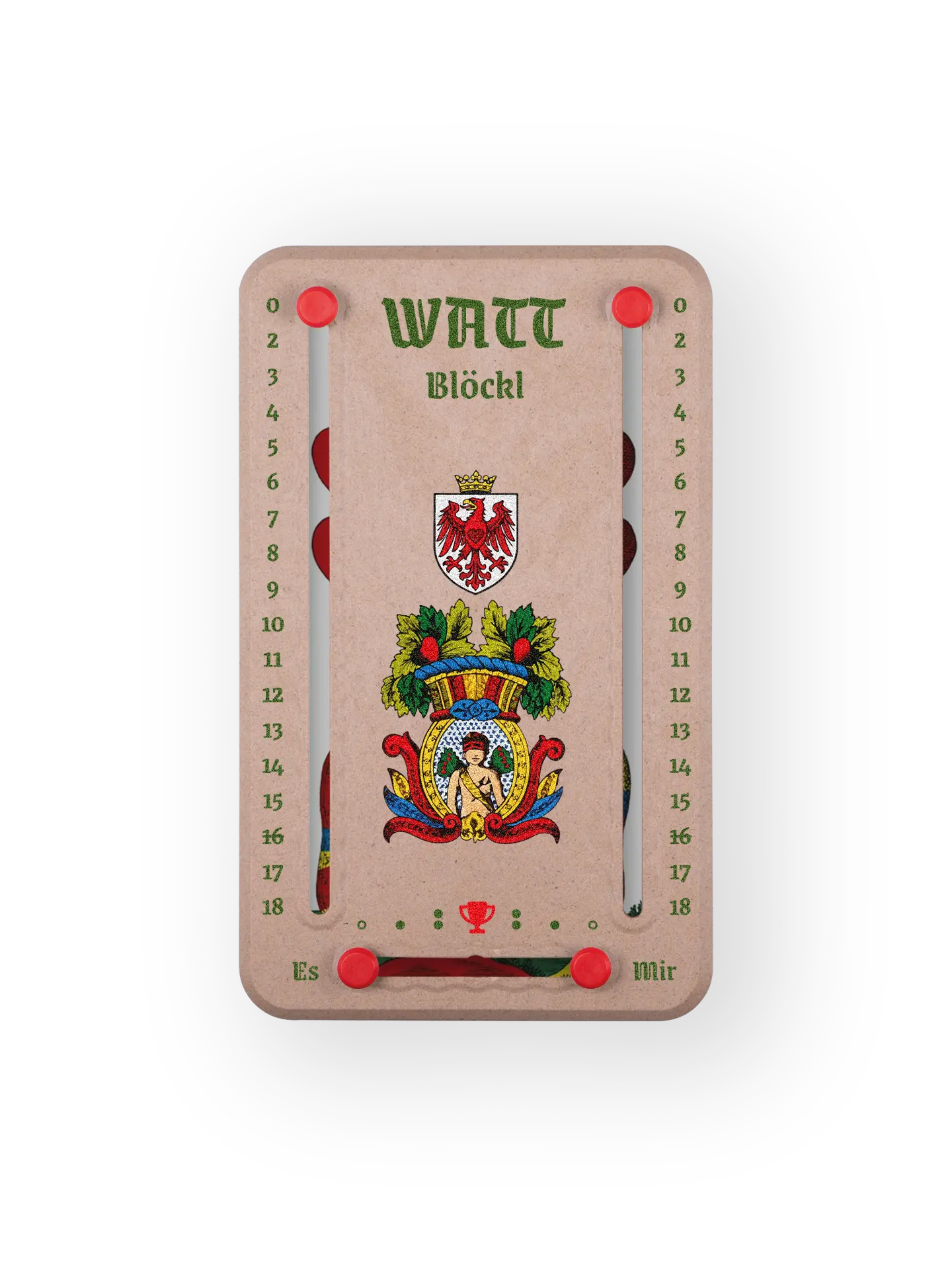 Wattblöckl bis 18 Punkte in Holzoptik und roten Pins - mit HerzAss Motiv auf transparenten Hintergrund.
