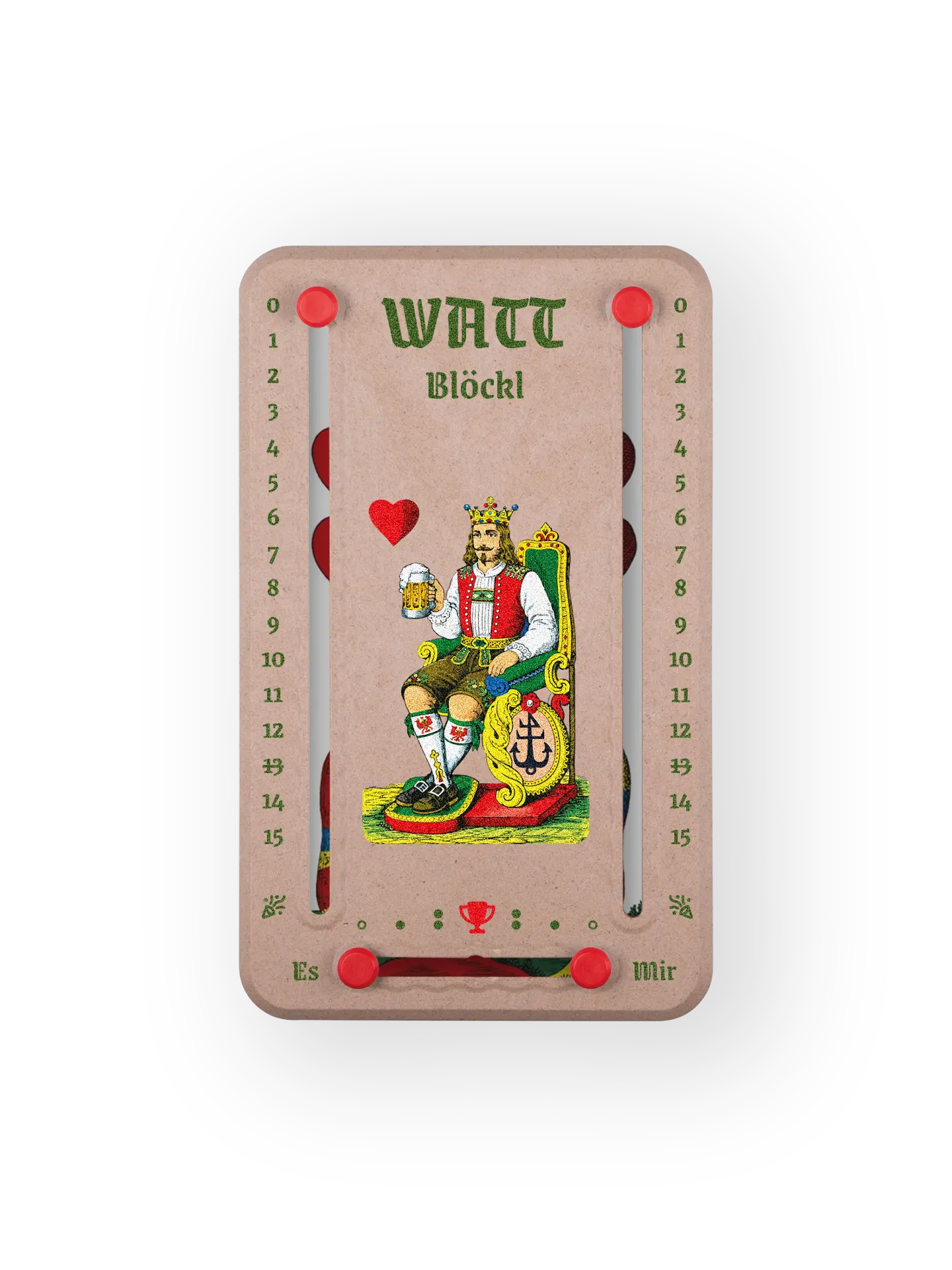 Wattblöckl bis 15 Punkte in Holzoptik und roten Pins - mit HerzKoenig Motiv auf transparenten Hintergrund.