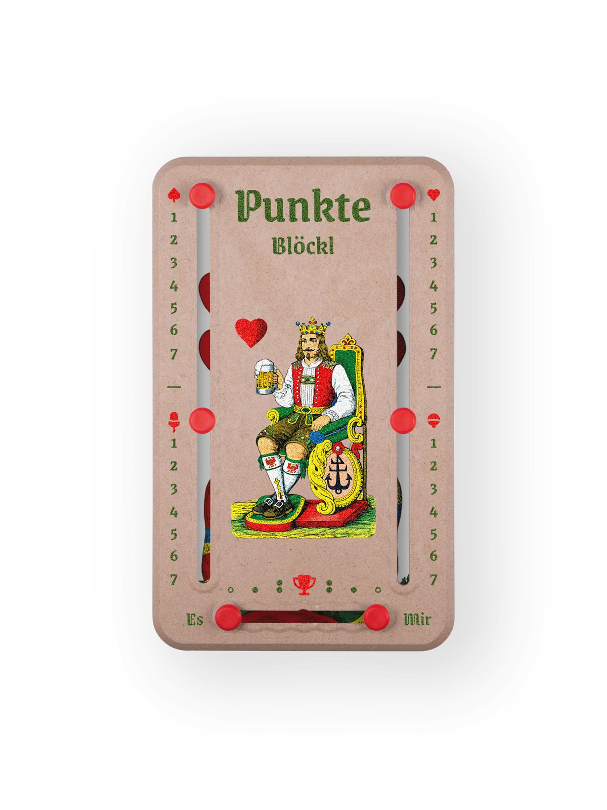 Punkteblöckl bis jeweils 7 Punkte in Holzoptik  und roten Pins - mit HerzKoenigMotiv auf transparenten Hintergrund.