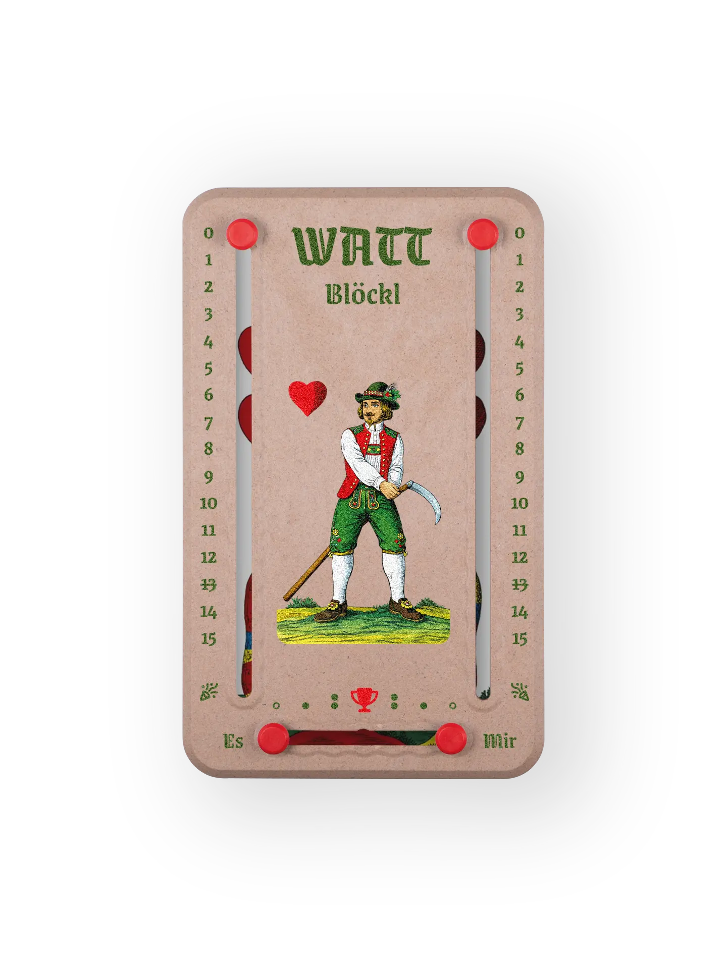 Wattblöckl bis 15 Punkte in Holzoptik und roten Pins - mit HerzOber Motiv auf transparenten Hintergrund.