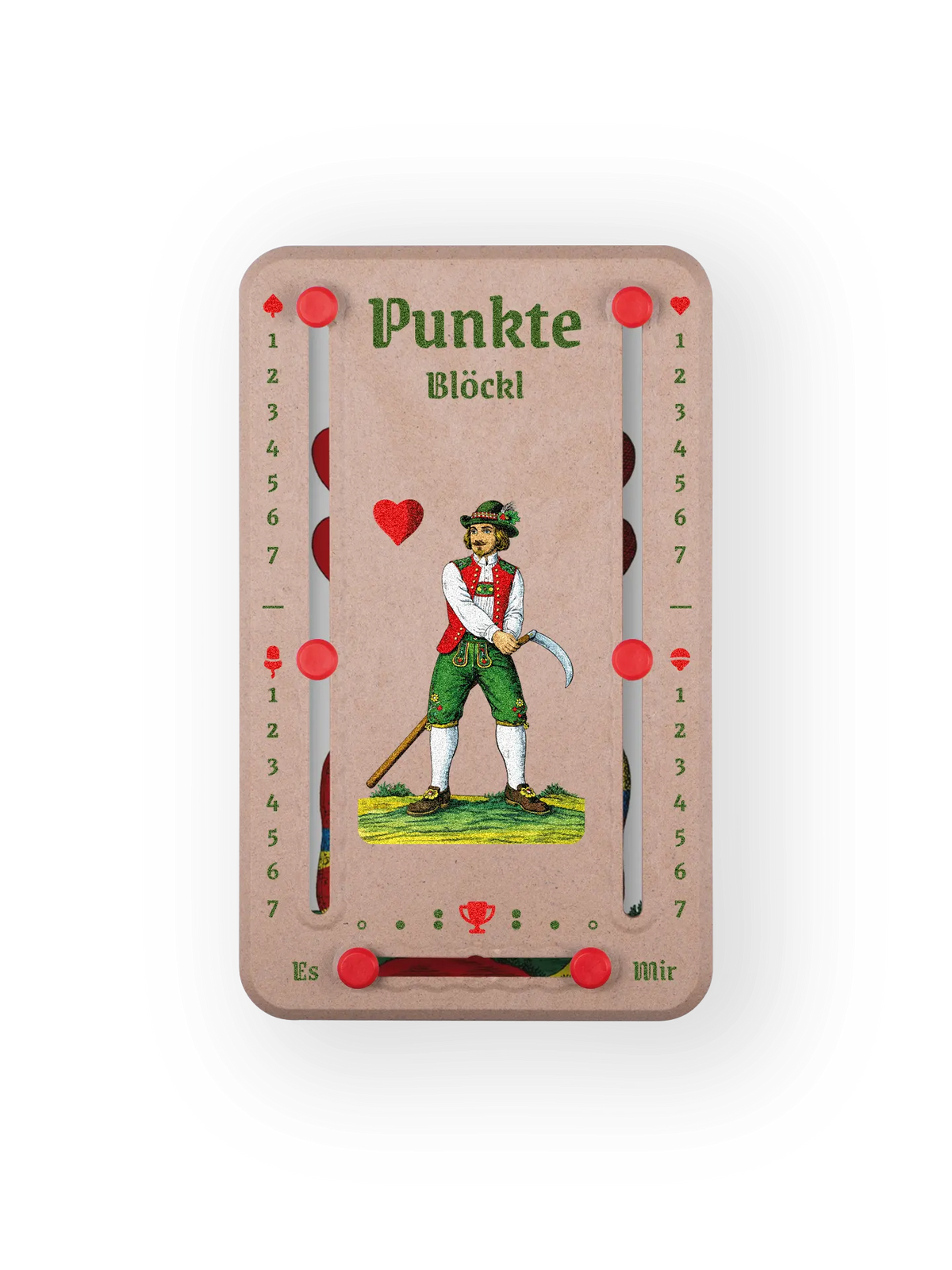 Punkteblöckl bis jeweils 7 Punkte in Holzoptik  und roten Pins - mit HerzOber Motiv auf transparenten Hintergrund.