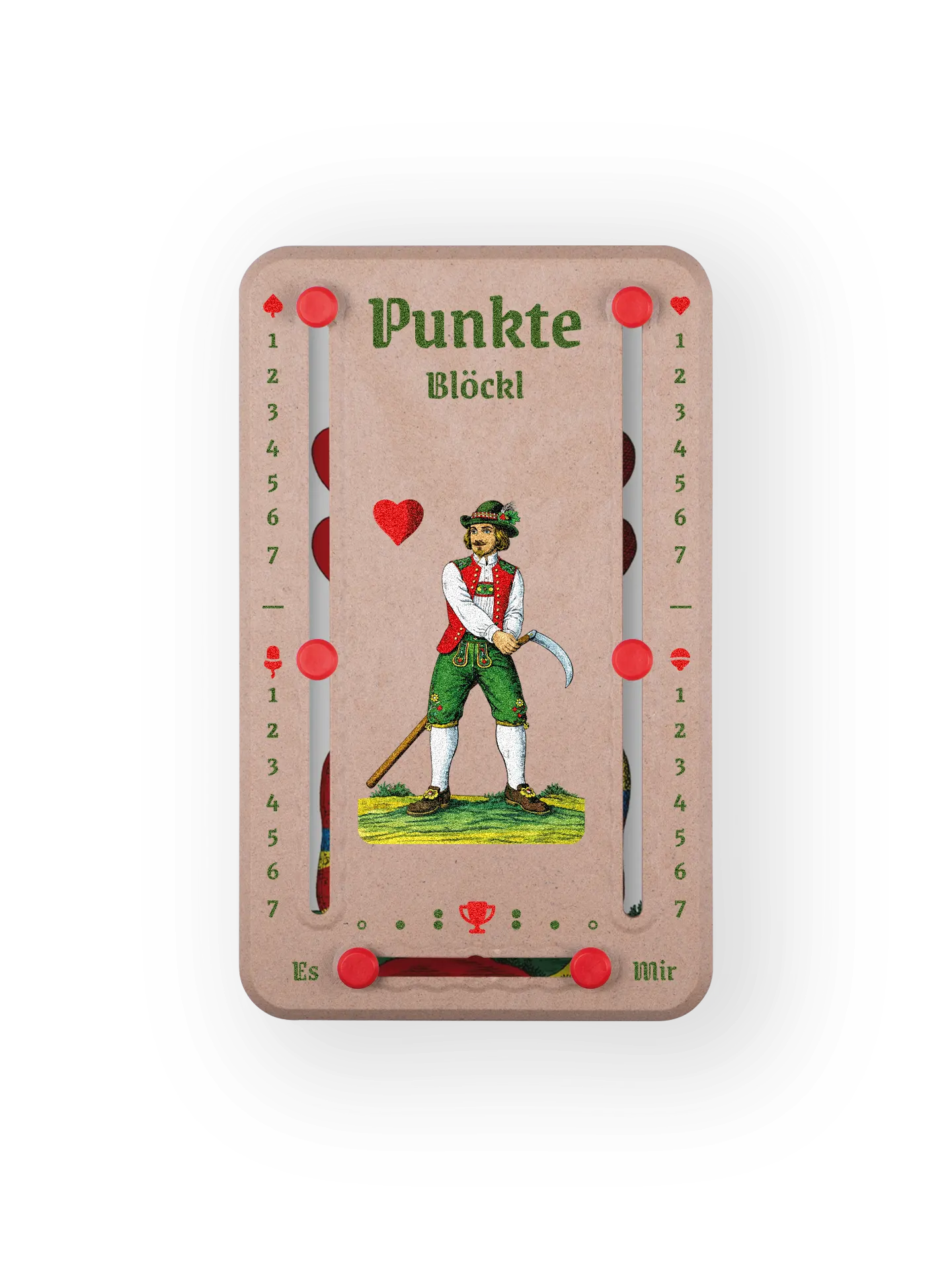 Punkteblöckl bis jeweils 7 Punkte in Holzoptik  und roten Pins - mit HerzOber Motiv auf transparenten Hintergrund.