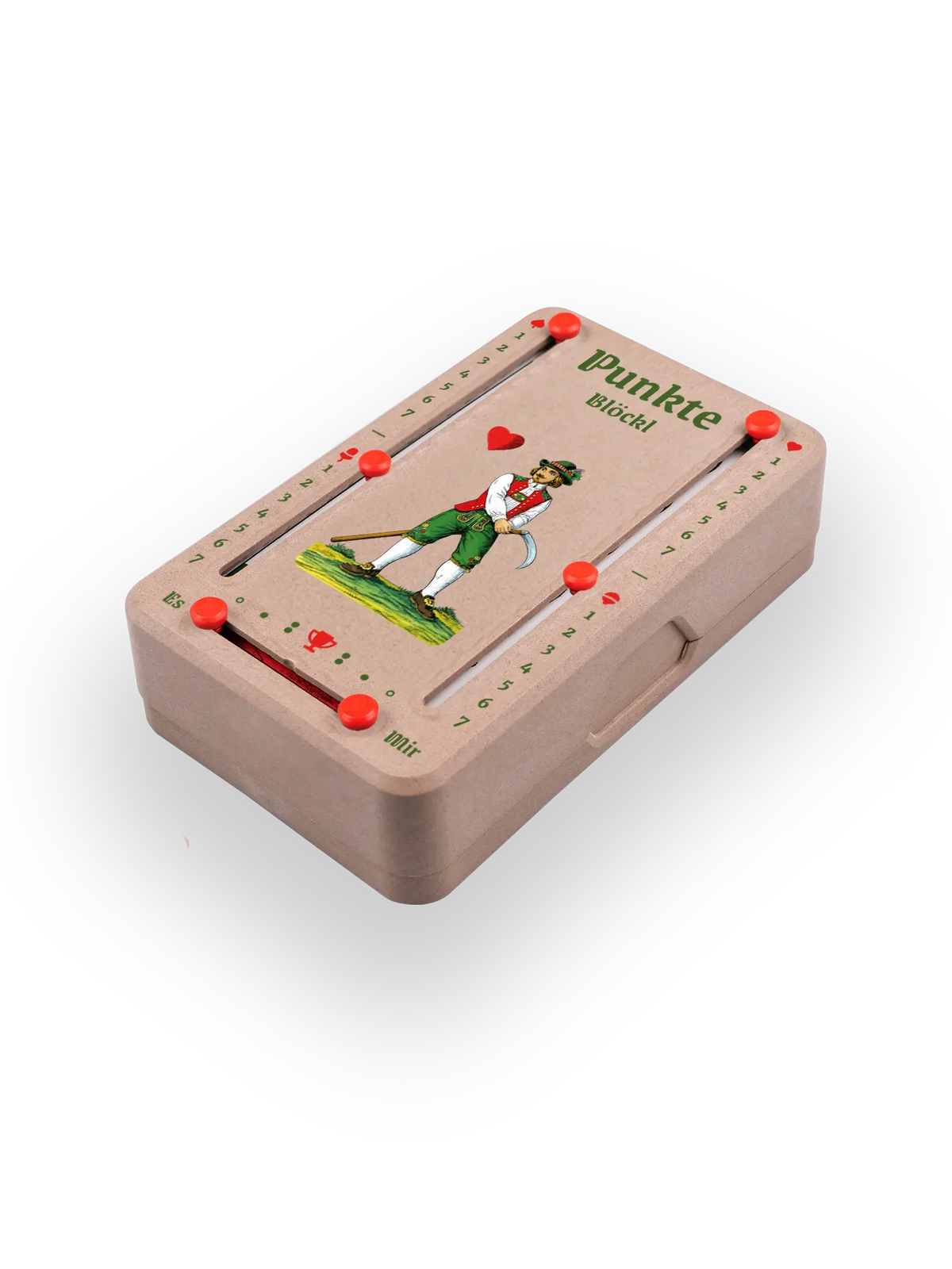 Punkteblöckl (perspektivisch fotografiert) in Holzoptik mit Motiv HerzOber.