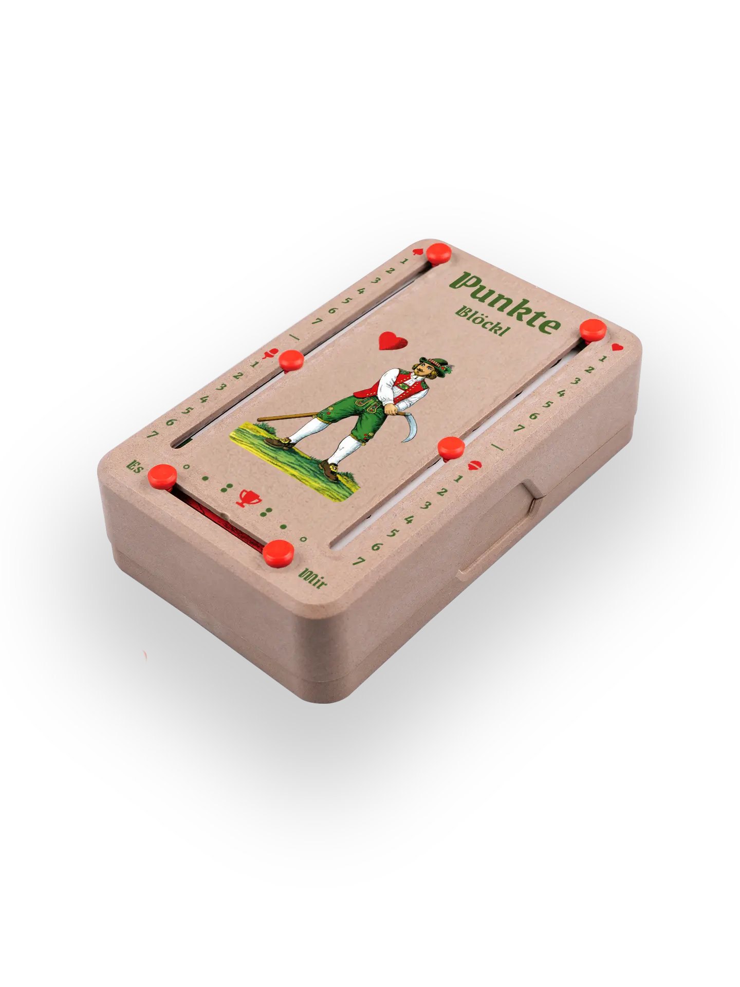 Punkteblöckl (perspektivisch fotografiert) in Holzoptik mit Motiv HerzOber.
