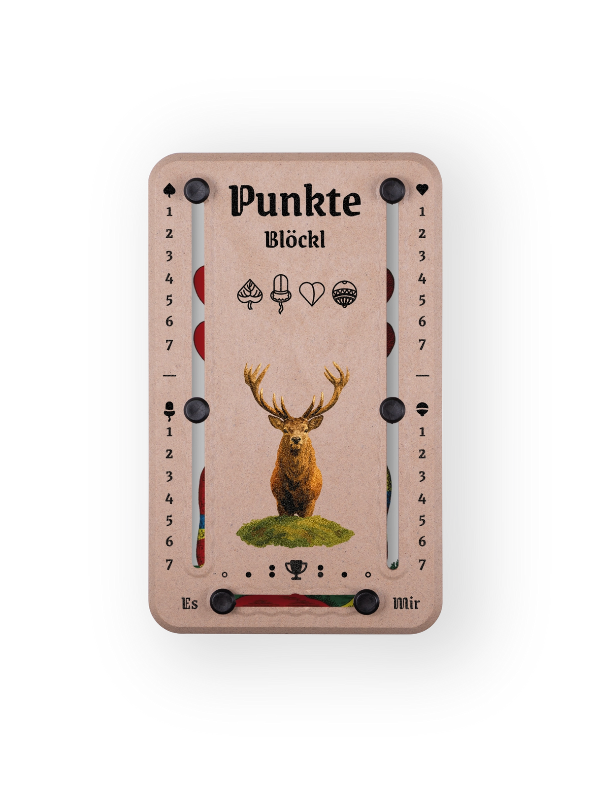 Punkteblöckl bis jeweils 7 Punkte in Holzoptik  und schwarzen Pins - mit Hirsch Motiv auf transparenten Hintergrund