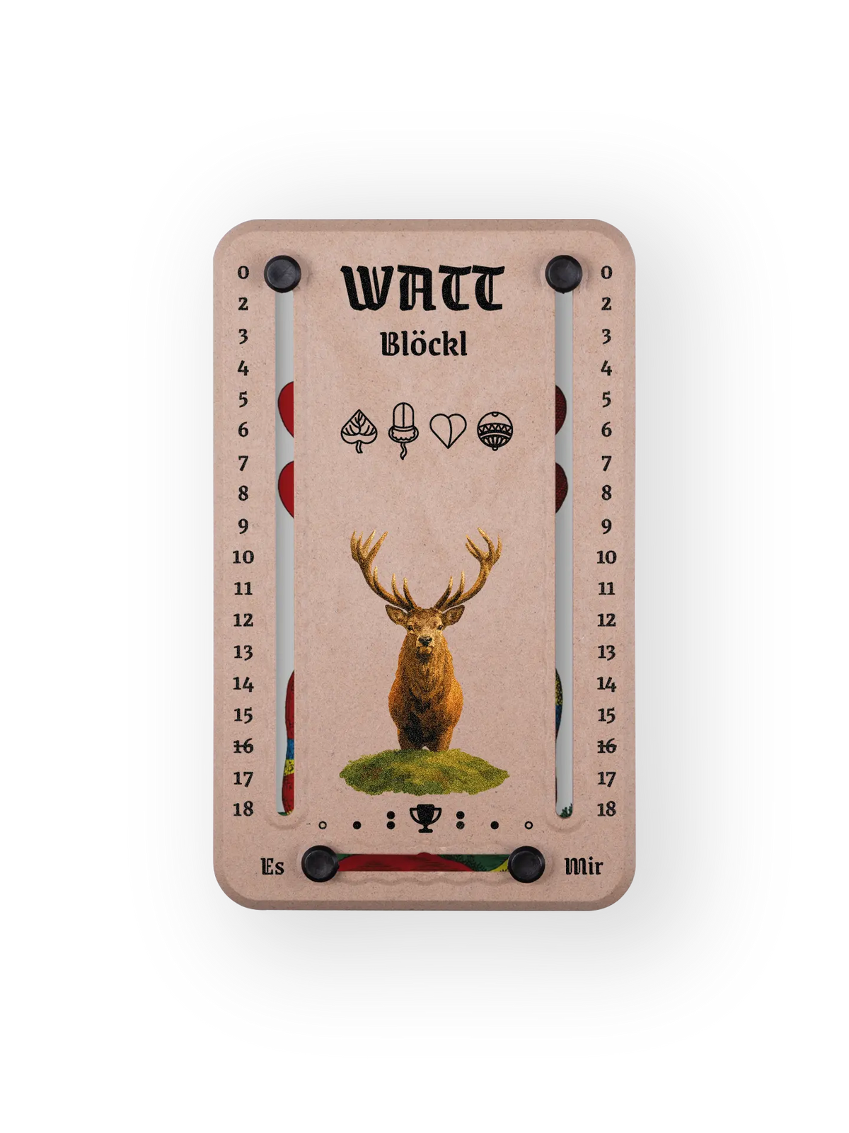 Wattblöckl bis 18 Punkte in Holzoptik und schwarzen Pins - mit Hirsch Motiv auf transparenten Hintergrund.