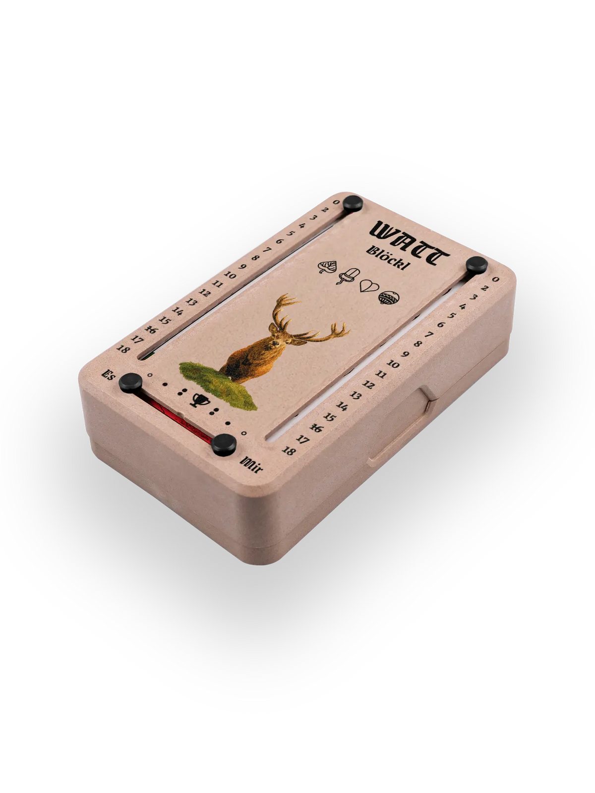 Wattblöckl (perspektivisch fotografiert) in Holzoptik mit Motiv Hirsch.