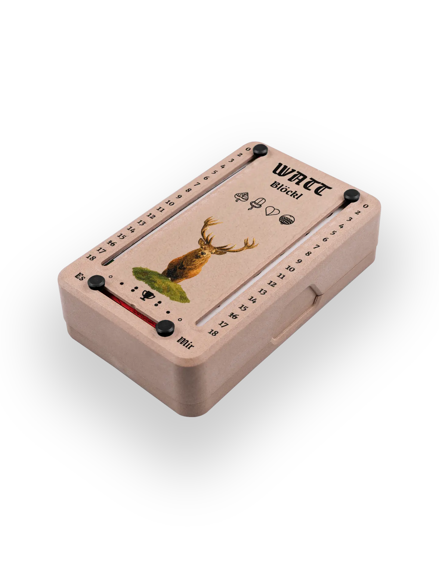 Wattblöckl (perspektivisch fotografiert) in Holzoptik mit Motiv Hirsch.