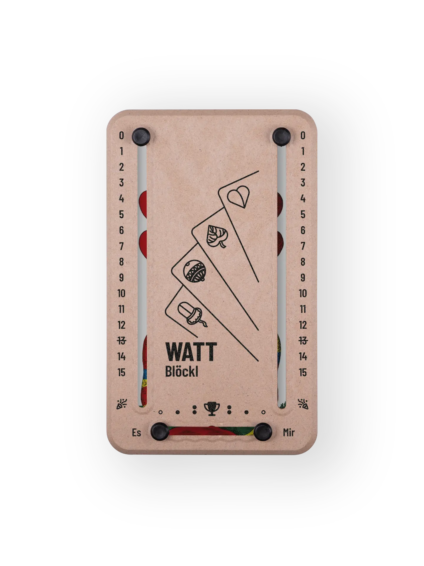 Wattblöckl bis 15 Punkte in Holzoptik und schwarzen Pins - mit Karten Motiv auf transparenten Hintergrund.