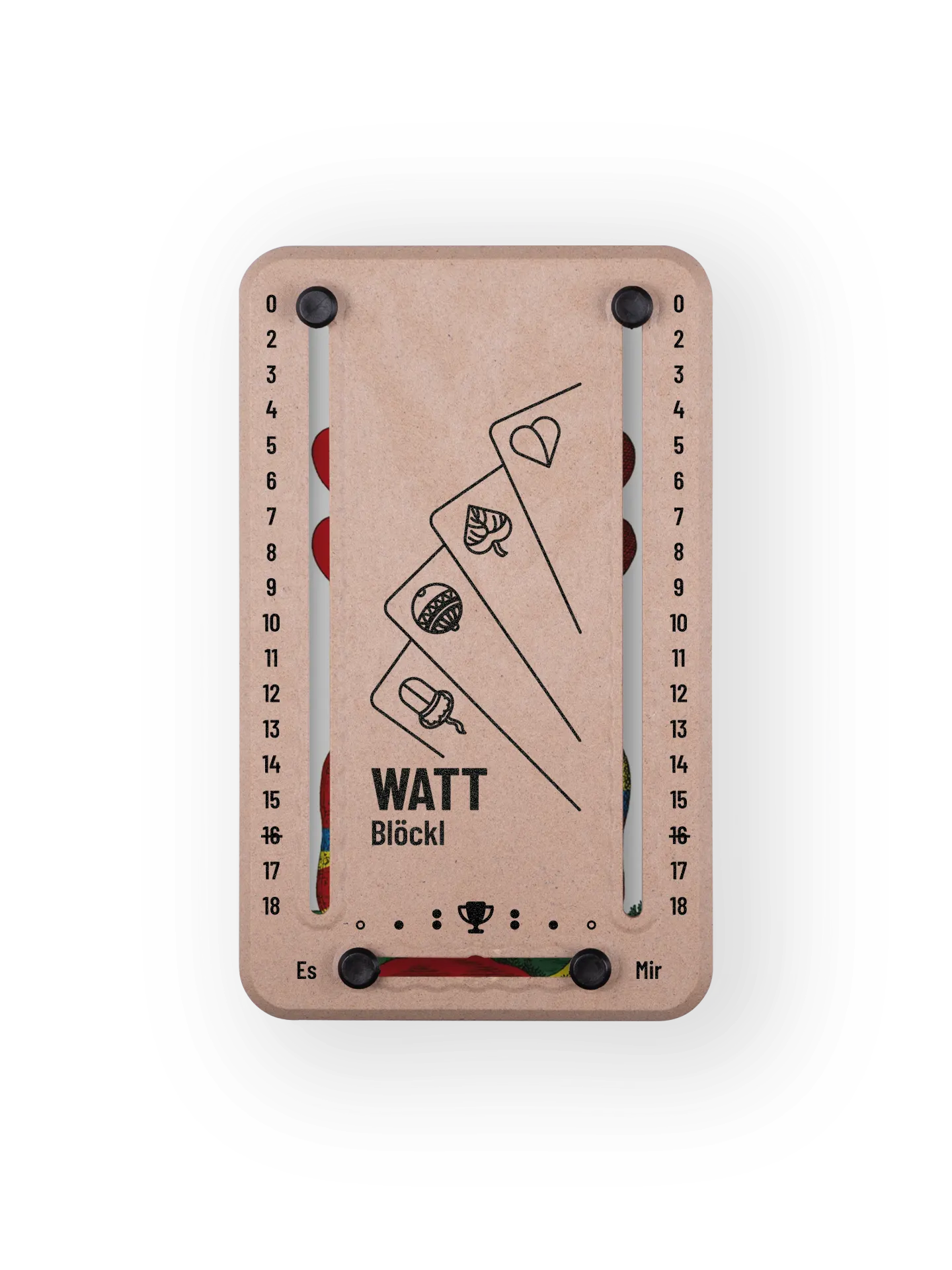 Wattblöckl bis 18 Punkte in Holzoptik und schwarzen Pins - mit Karten Motiv auf transparenten Hintergrund.