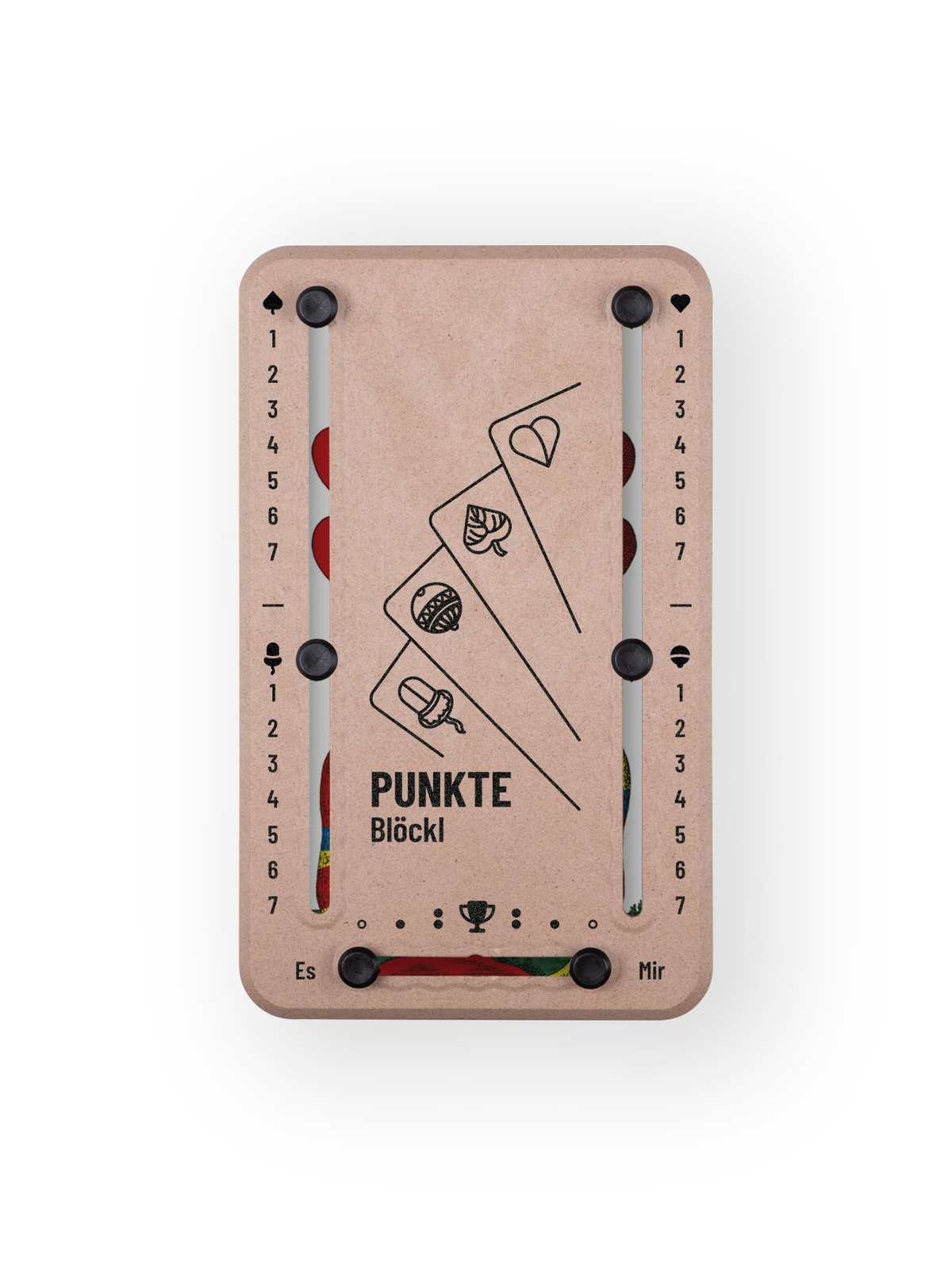 Punkteblöckl bis jeweils 7 Punkte in Holzoptik und schwarzen Pins - mit Karten Motiv auf transparenten Hintergrund.