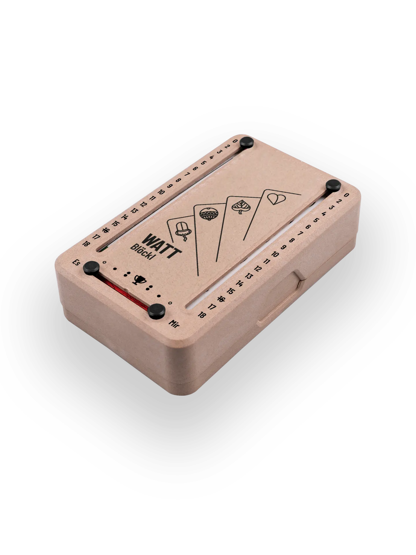 Wattblöckl (perspektivisch fotografiert) in Holzoptik mit Motiv Karten.