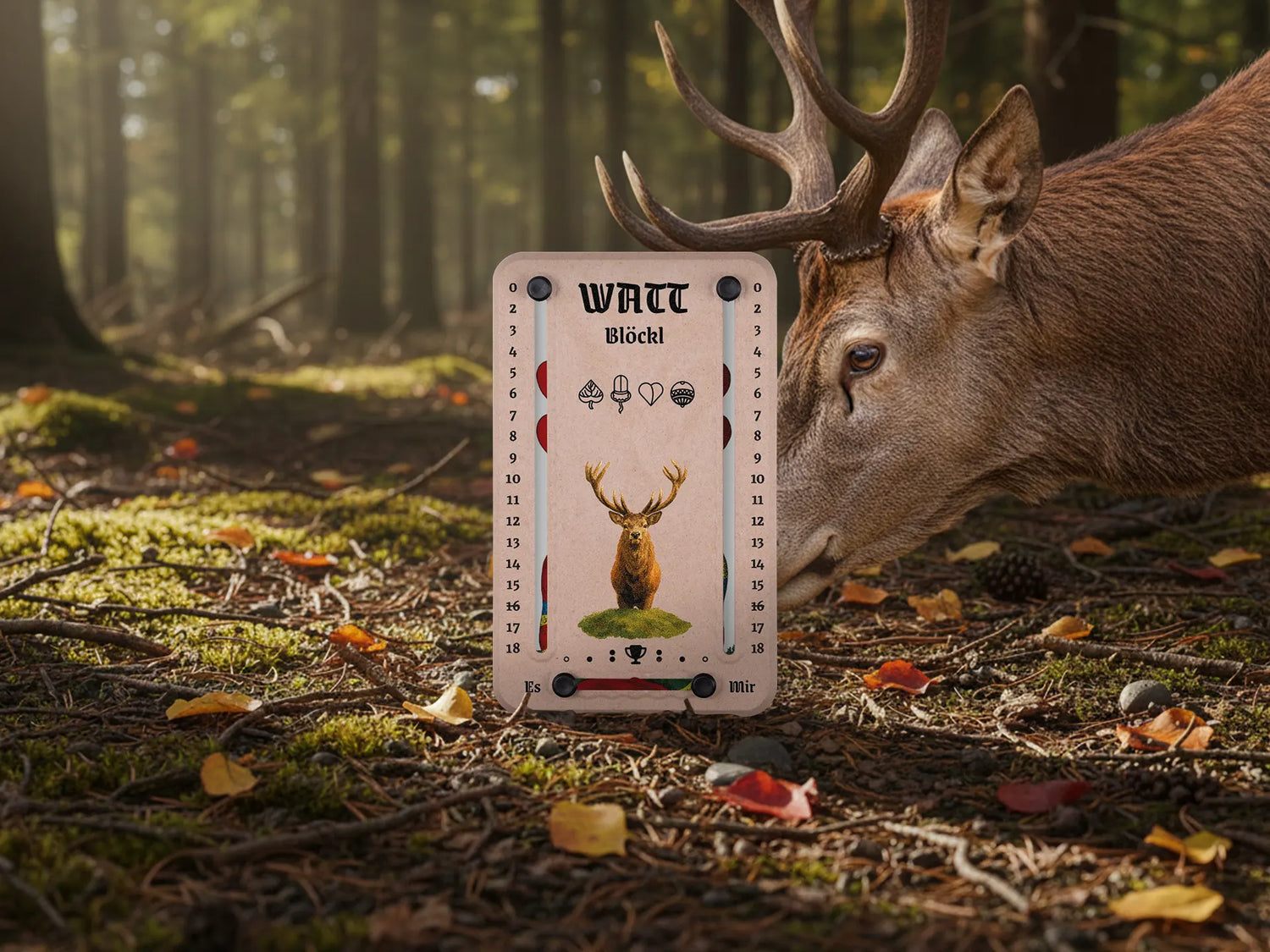 Wattbloeckl mit 18 Punkten vor dem Hintergrund der Berge un einem Hirsch