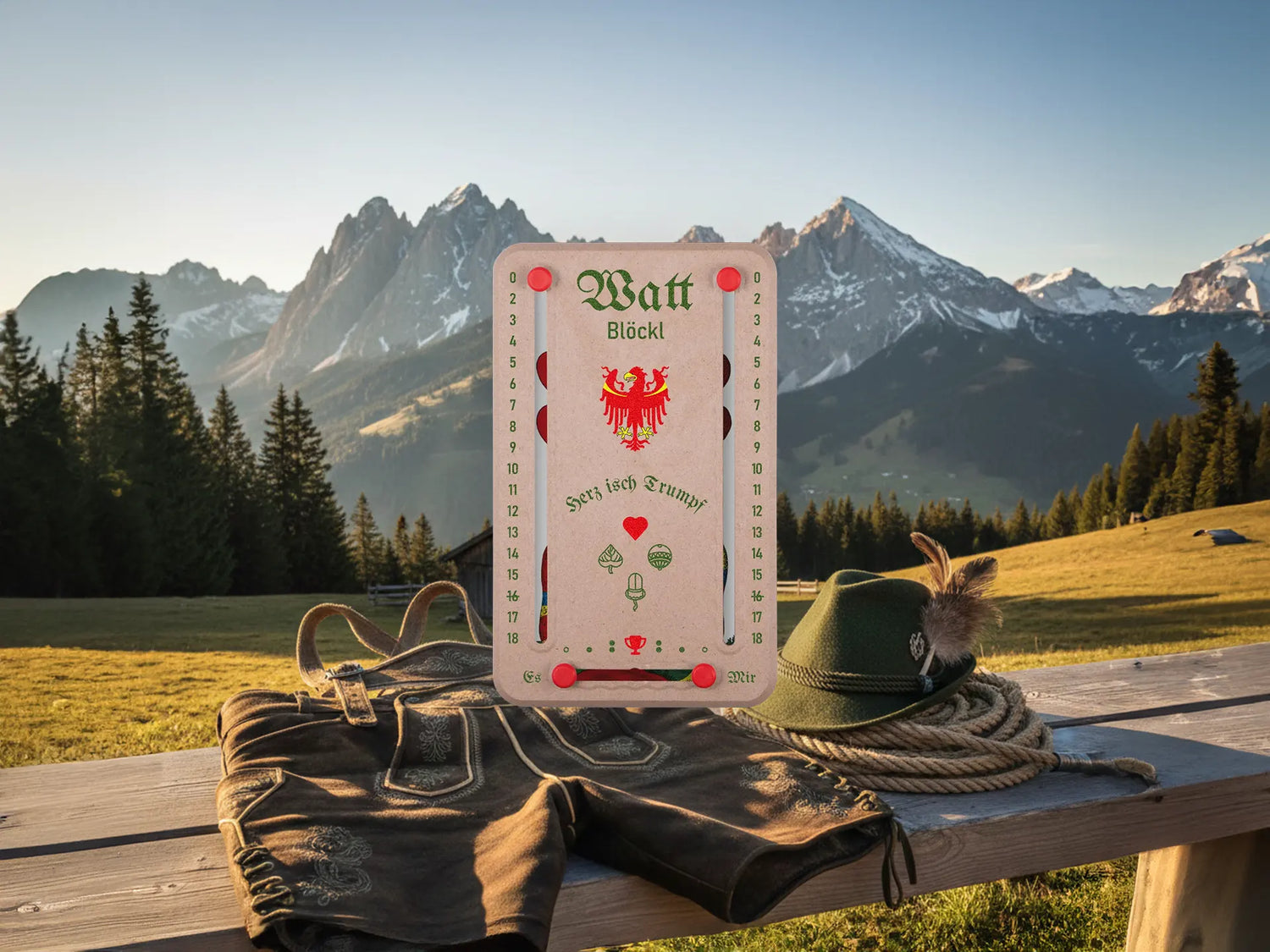 Wattbloeckl mit 18 Punkten mit den Bergen und einem Holztisch mit Trachtenkleidung  im Hintergrund