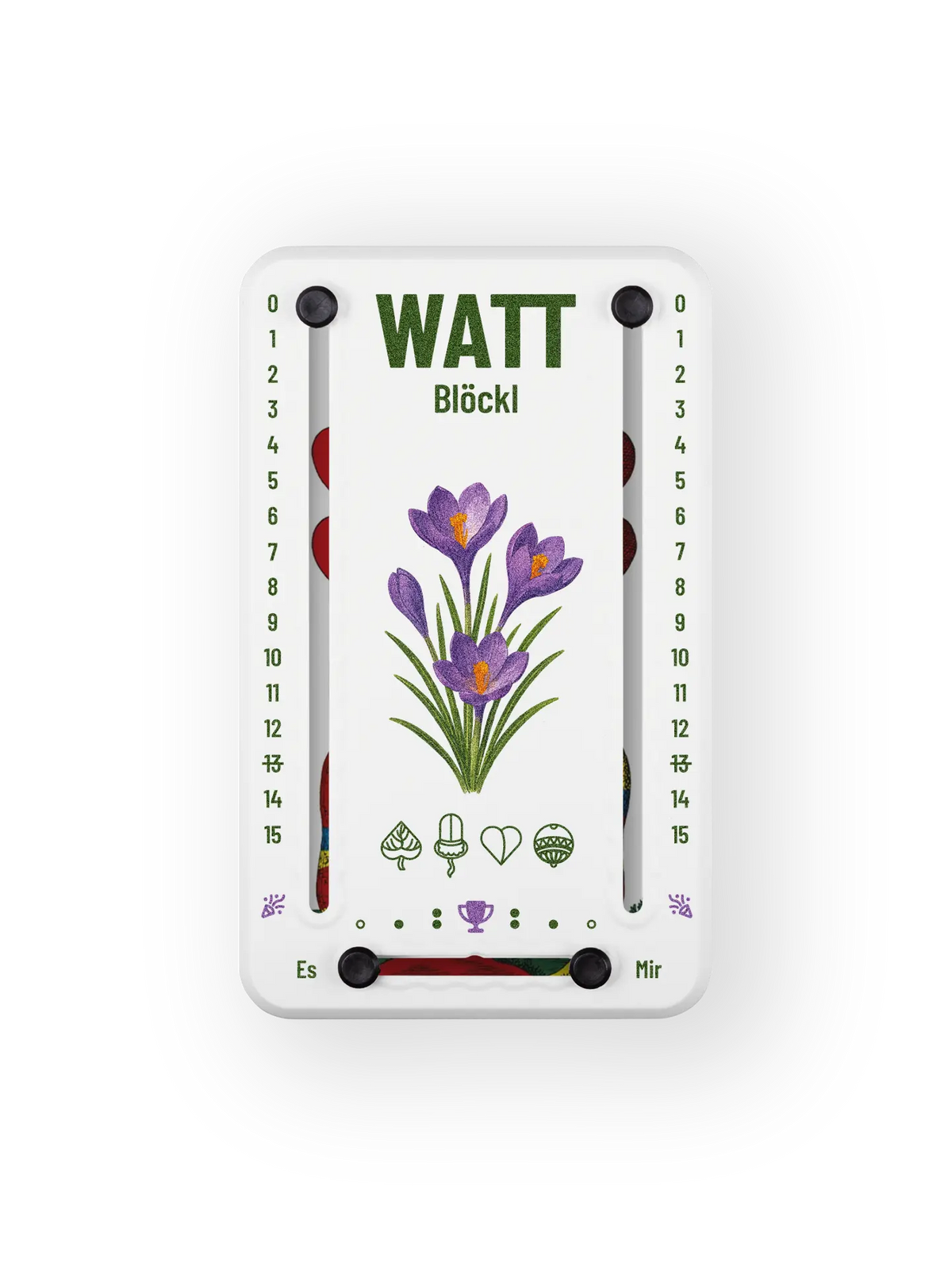 Wattblöckl bis 15 Punkte in Kunststoff weiß  und schwarzen Pins - mit Krokus Motiv auf transparenten Hintergrund.