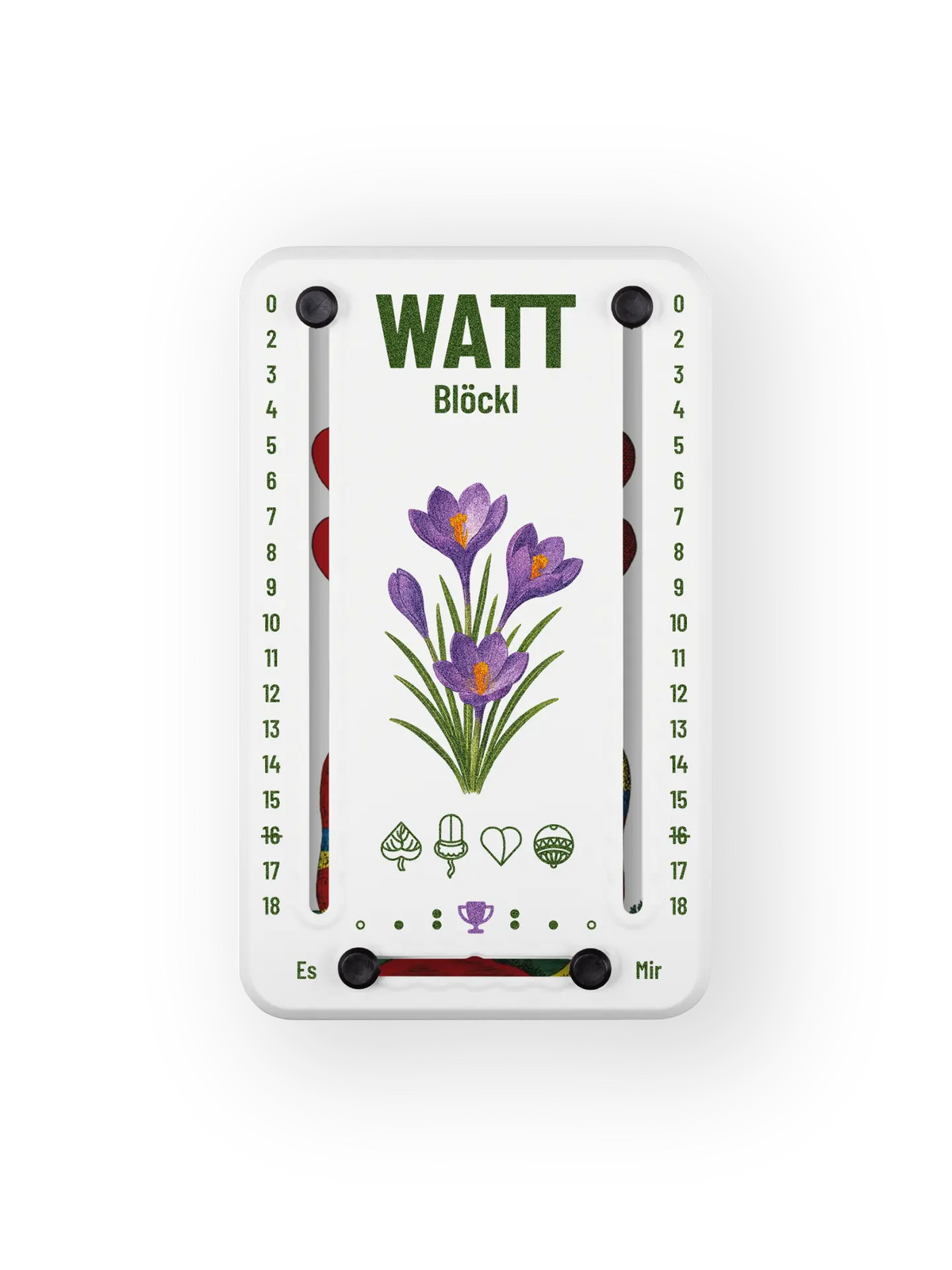 Wattblöckl bis 18 Punkte in Kunststoff weiß  und schwarzen Pins - mit Krokus Motiv auf transparenten Hintergrund.